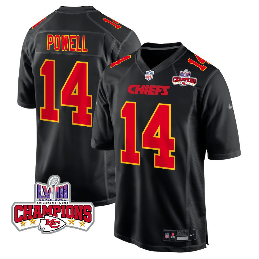 Cornell Powell 14 Kansas City Chiefs Super Bowl LVIII Champions 4 Stars Patch Fashion Game Men Jersey - Carbon Black JS2337 nicesnker