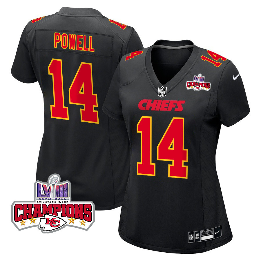Cornell Powell 14 Kansas City Chiefs Super Bowl LVIII Champions 4 Stars Patch Fashion Game Women Jersey - Carbon Black JS6363 nicesnker