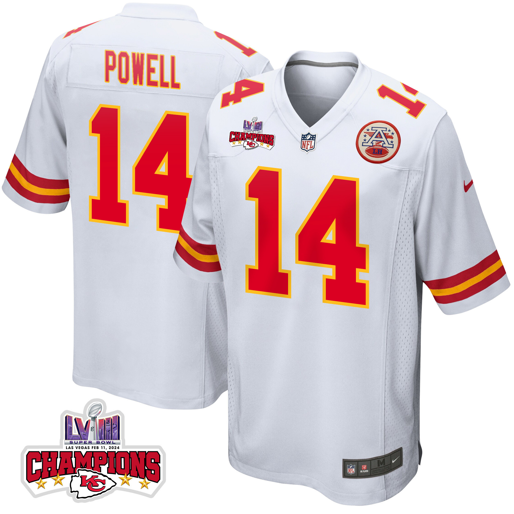Cornell Powell 14 Kansas City Chiefs Super Bowl LVIII Champions 4 Stars Patch Game Men Jersey - White JS7080 nicesnker