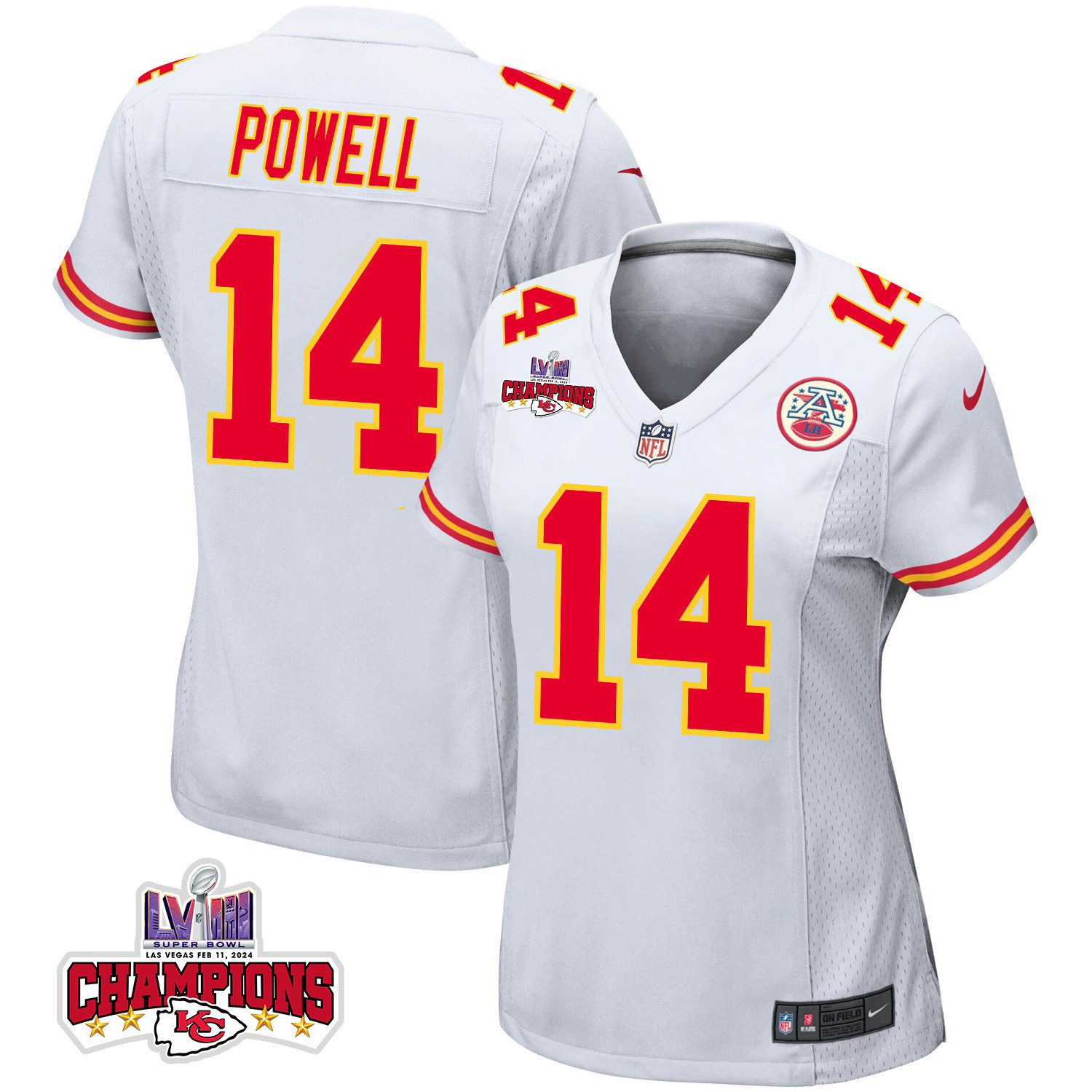 Cornell Powell 14 Kansas City Chiefs Super Bowl LVIII Champions 4 Stars Patch Game Women Jersey - White JS7588 nicesnker