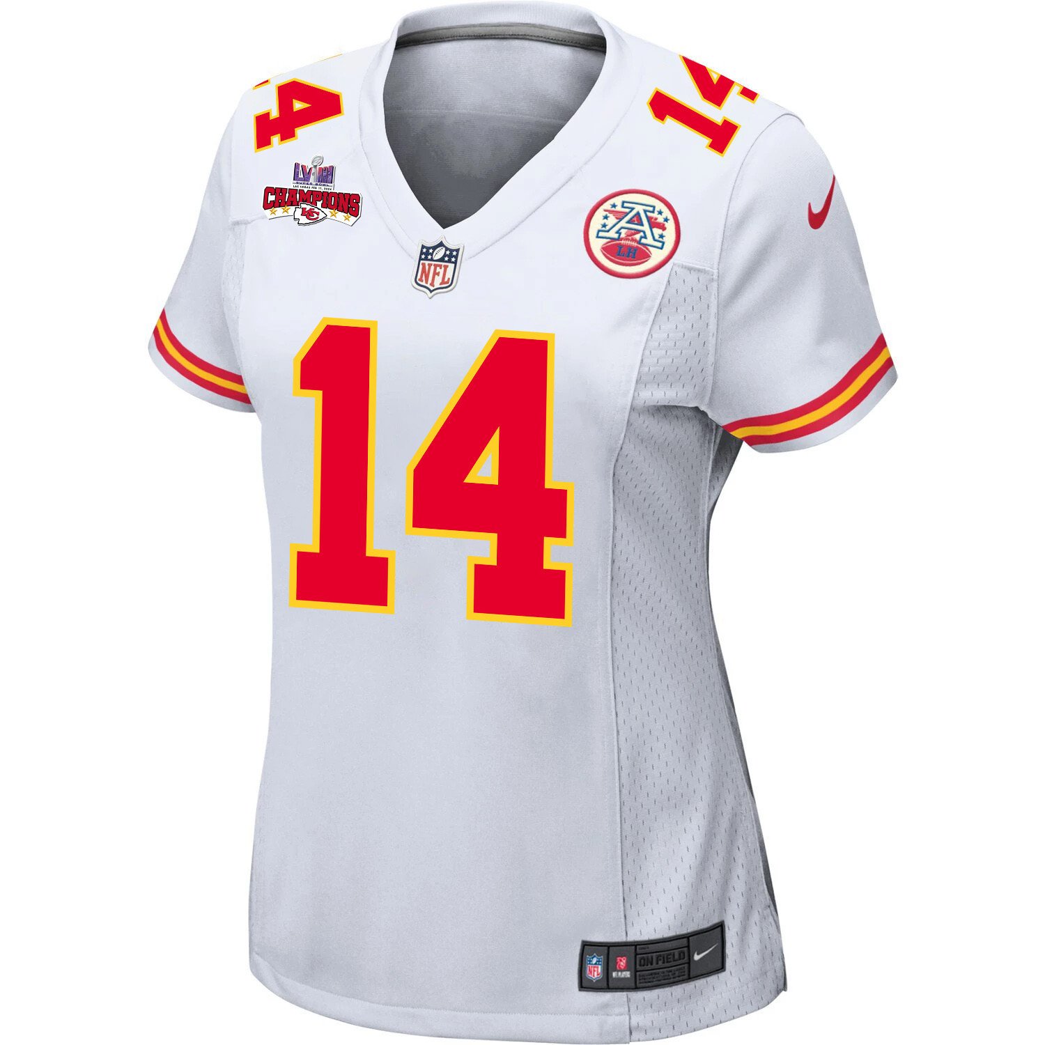 Alternative view of Cornell Powell 14 Kansas City Chiefs Super Bowl LVIII Champions 4 Stars Patch Game Women Jersey - White JS7588 nicesnker
