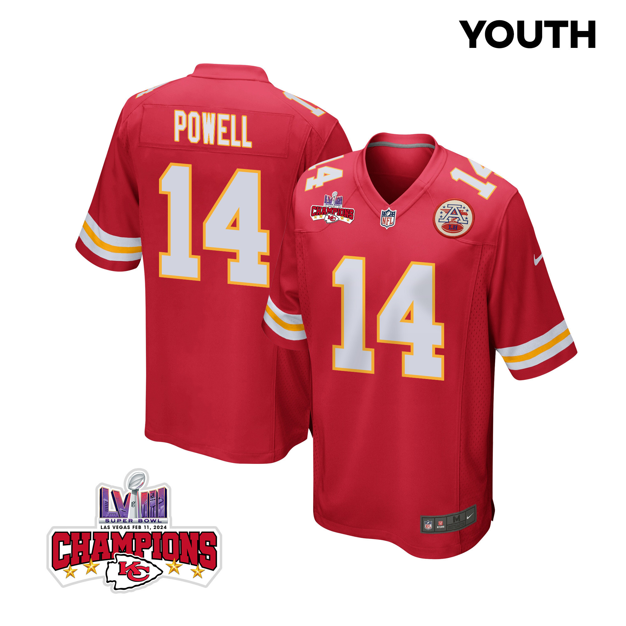 Cornell Powell 14 Kansas City Chiefs Super Bowl LVIII Champions 4 Stars Patch Game YOUTH Jersey - Red JS8170 nicesnker