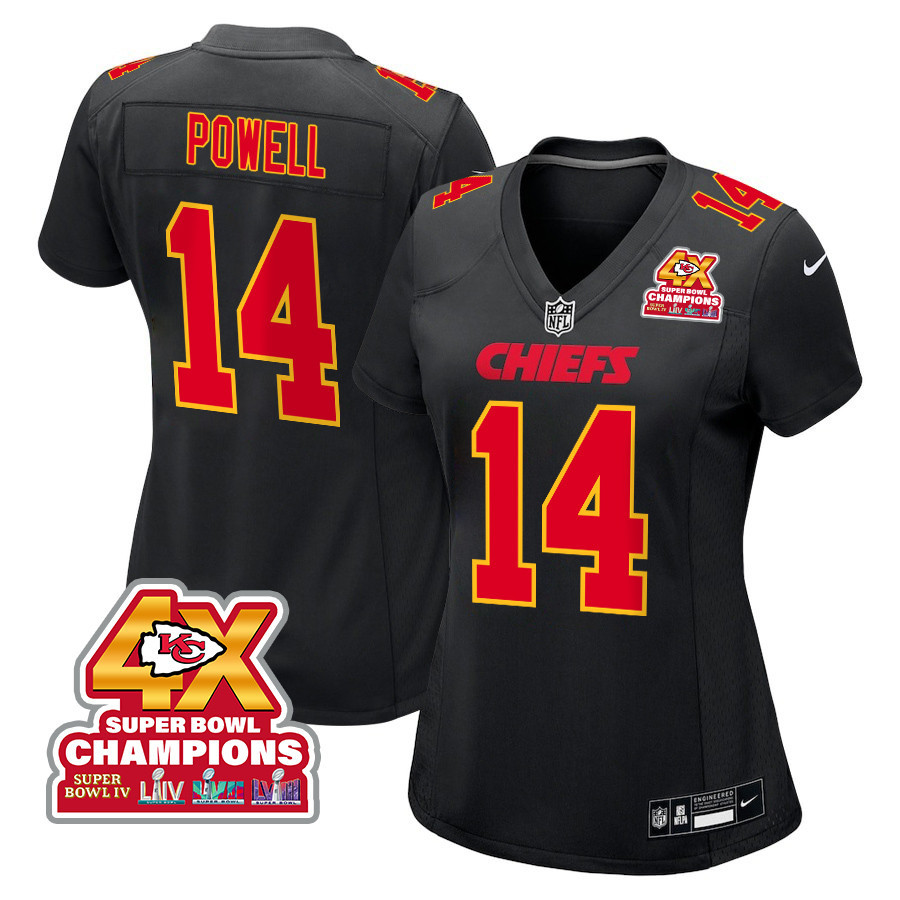 Cornell Powell 14 Kansas City Chiefs Super Bowl LVIII Champions 4X Fashion Game Women Jersey - Carbon Black JS1842 nicesnker