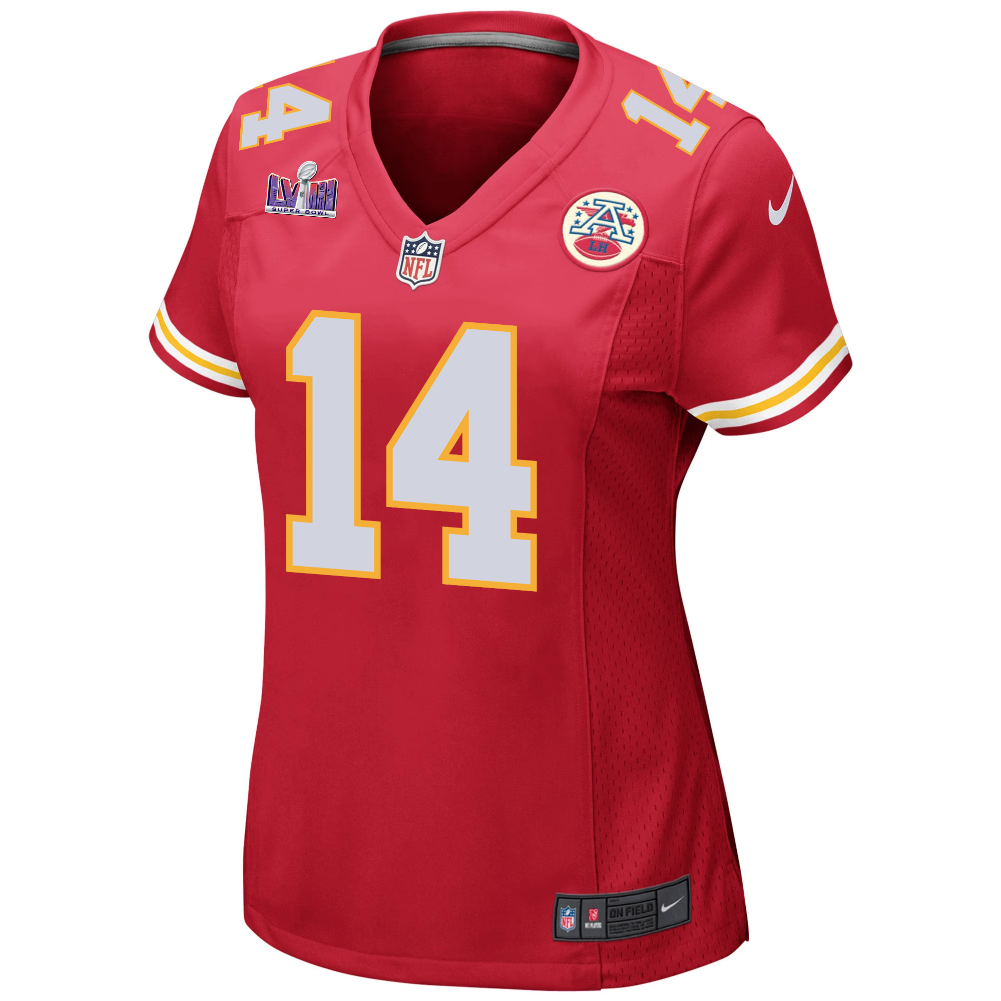 Alternative view of Cornell Powell 14 Kansas City Chiefs Super Bowl LVIII Patch Game Women Jersey - Red JS5483 nicesnker