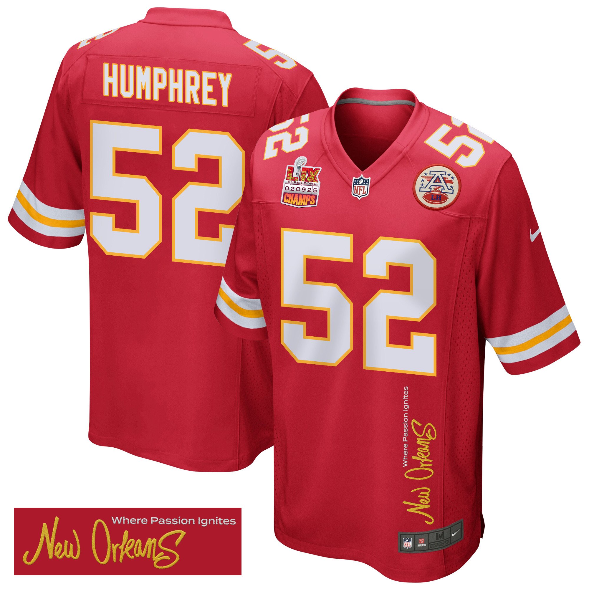 Creed Humphrey 52 Kansas City Chiefs Super Bowl LIX Champions Patch 'New Orleans - Where Passion Ignites' EMBROIDERED Game Men Jersey - Red JS7399 nicesnker