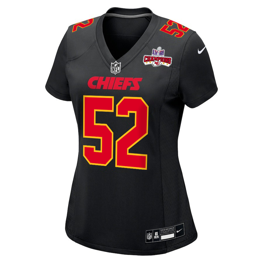 Alternative view of Creed Humphrey 52 Kansas City Chiefs Super Bowl LVIII Champions 4 Stars Patch Fashion Game Women Jersey - Carbon Black JS6488 nicesnker