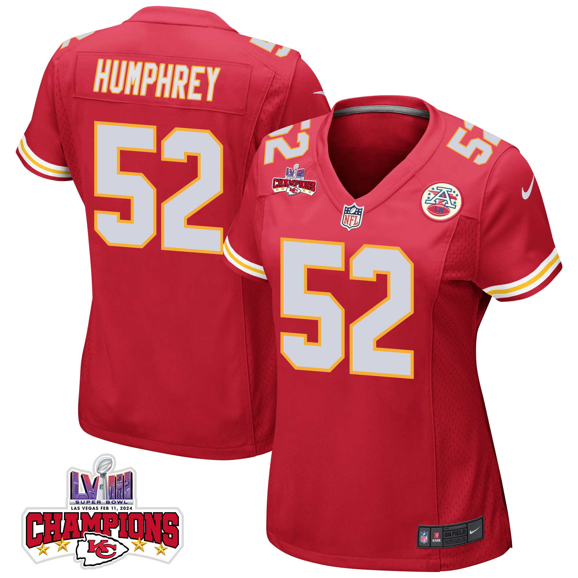 Creed Humphrey 52 Kansas City Chiefs Super Bowl LVIII Champions 4 Stars Patch Game Women Jersey - Red JS4073 nicesnker