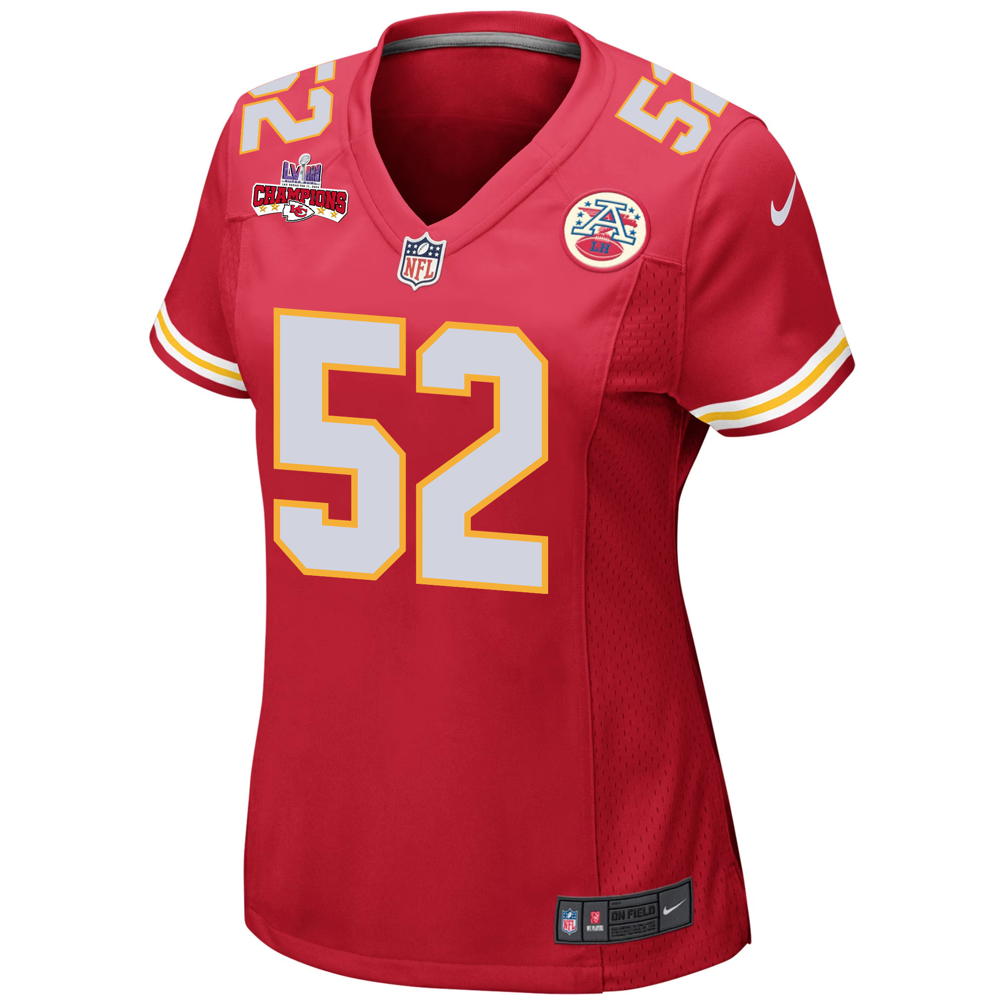 Alternative view of Creed Humphrey 52 Kansas City Chiefs Super Bowl LVIII Champions 4 Stars Patch Game Women Jersey - Red JS4073 nicesnker