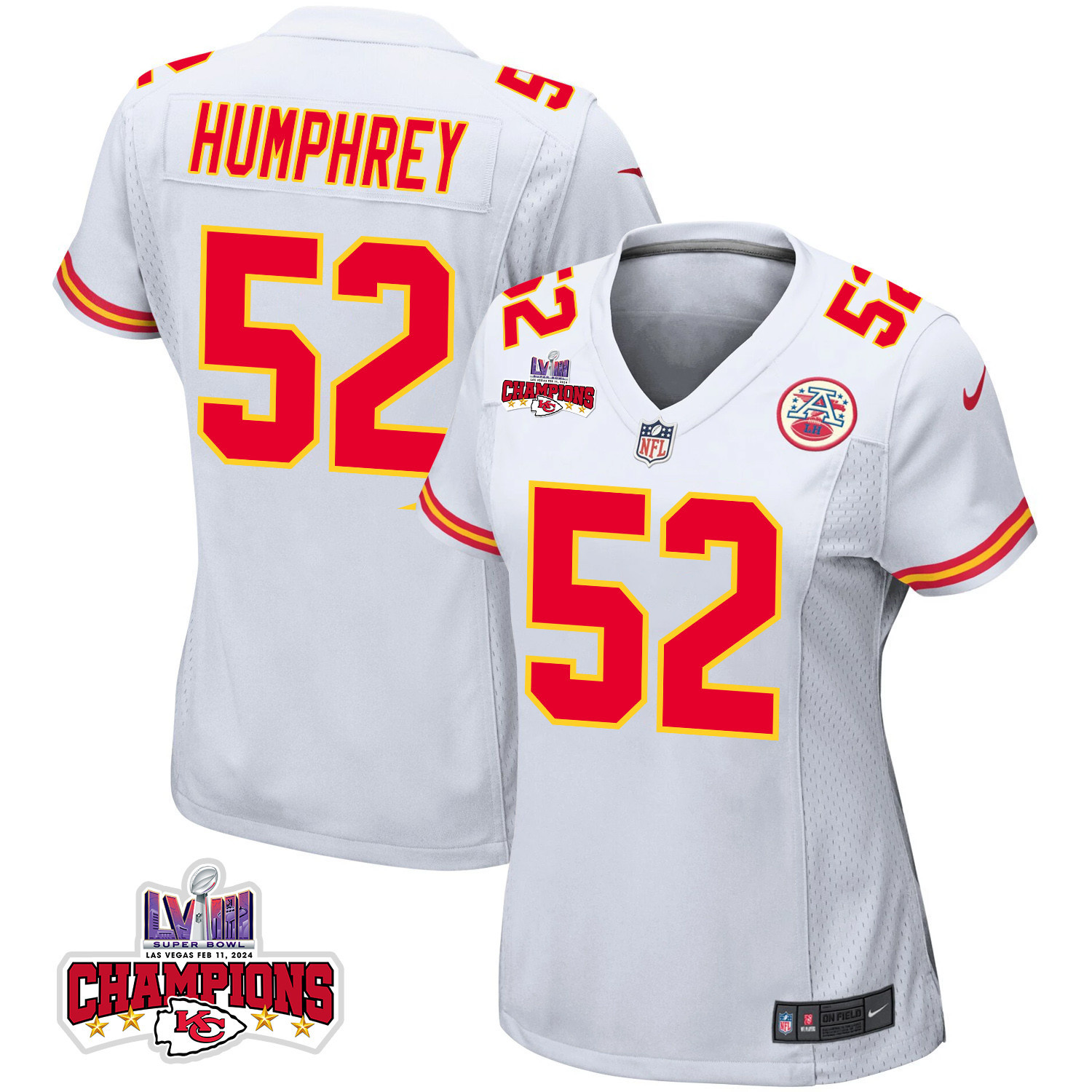 Creed Humphrey 52 Kansas City Chiefs Super Bowl LVIII Champions 4 Stars Patch Game Women Jersey - White JS2655 nicesnker