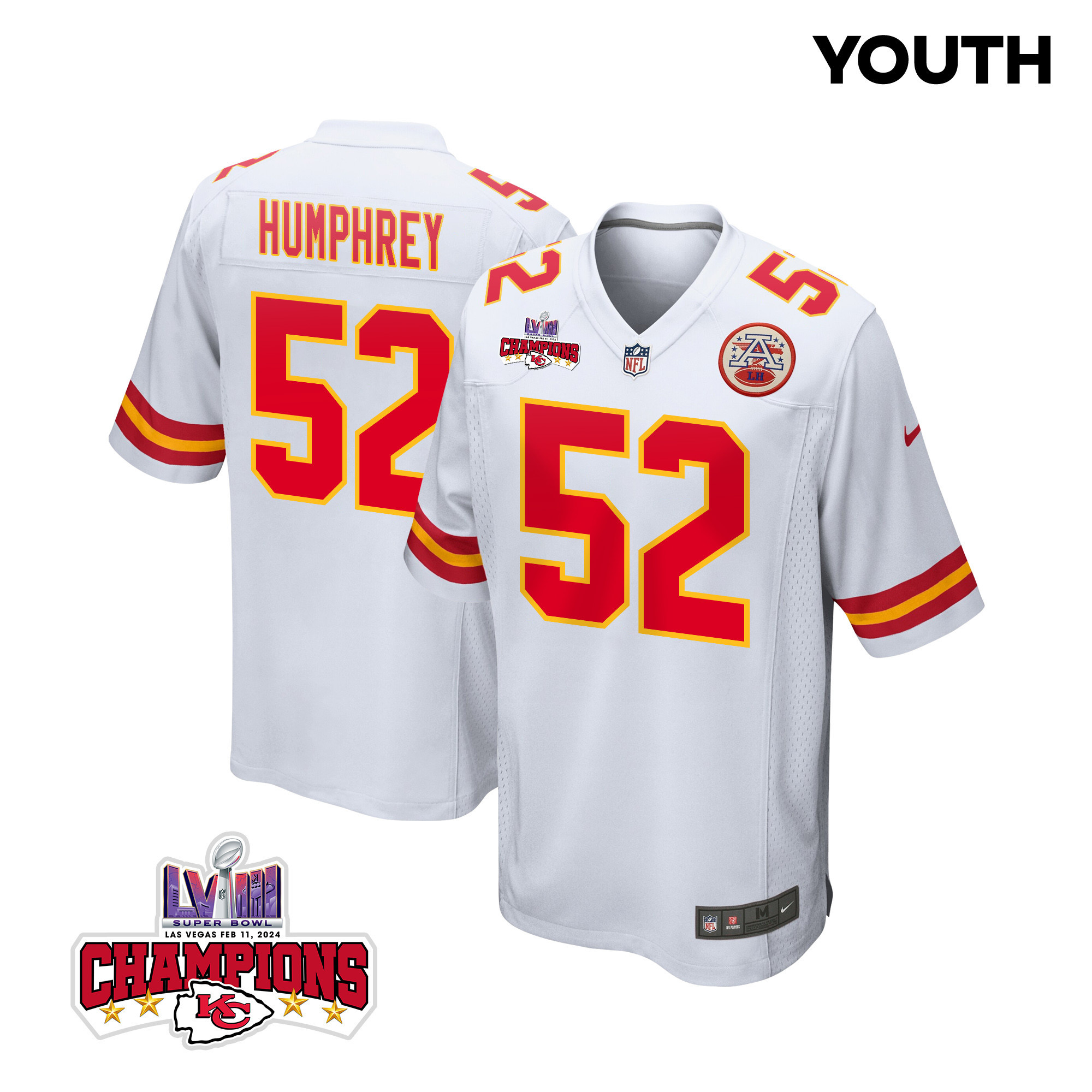 Creed Humphrey 52 Kansas City Chiefs Super Bowl LVIII Champions 4 Stars Patch Game YOUTH Jersey - White JS7690 nicesnker