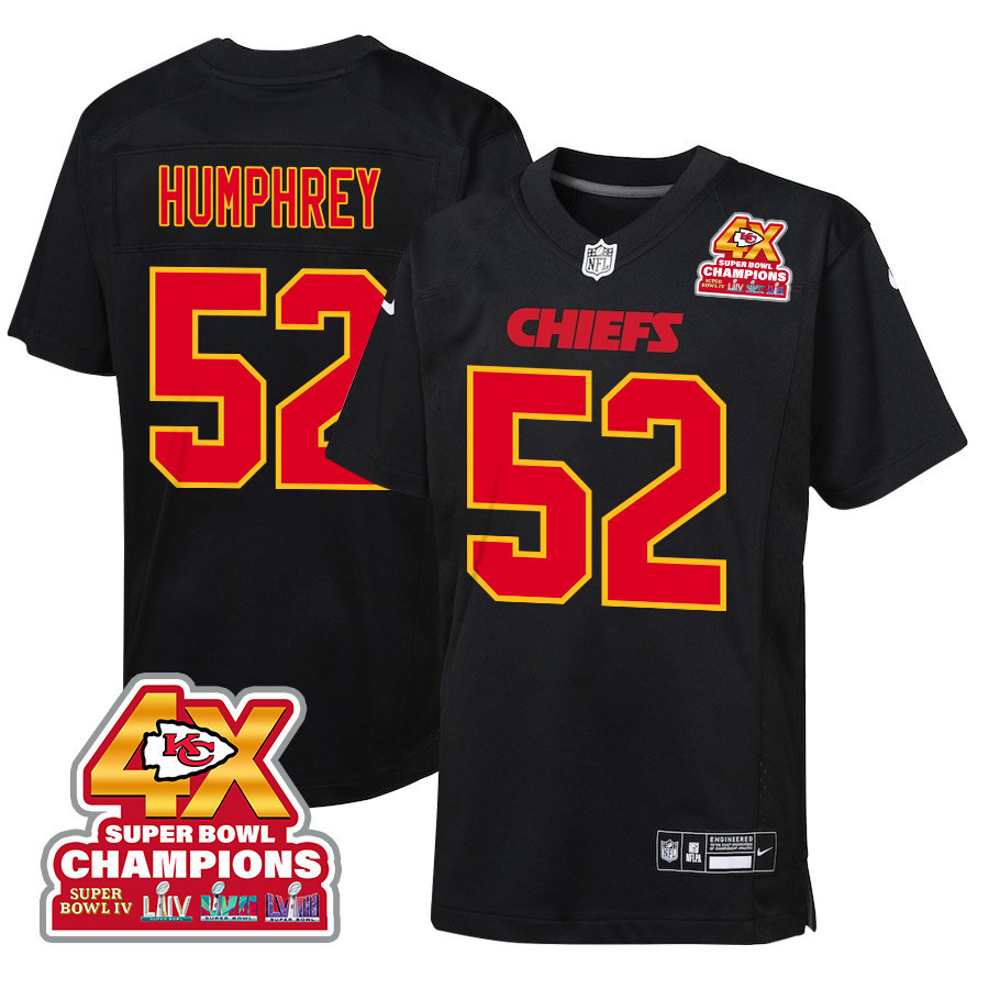 Creed Humphrey 52 Kansas City Chiefs Super Bowl LVIII Champions 4X Fashion Game YOUTH Jersey - Carbon Black JS1783 nicesnker