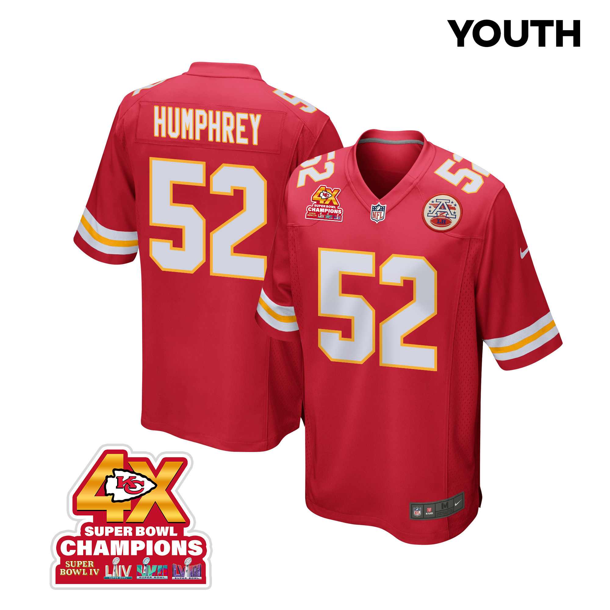 Creed Humphrey 52 Kansas City Chiefs Super Bowl LVIII Champions 4X Game YOUTH Jersey - Red JS8311 nicesnker