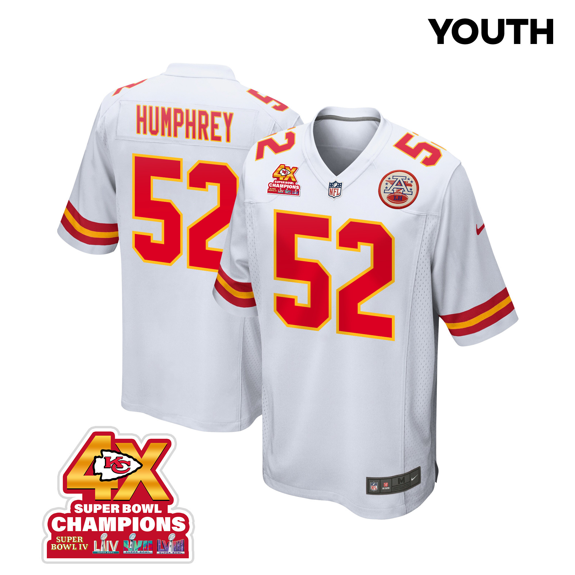 Creed Humphrey 52 Kansas City Chiefs Super Bowl LVIII Champions 4X Game YOUTH Jersey - White JS2925 nicesnker