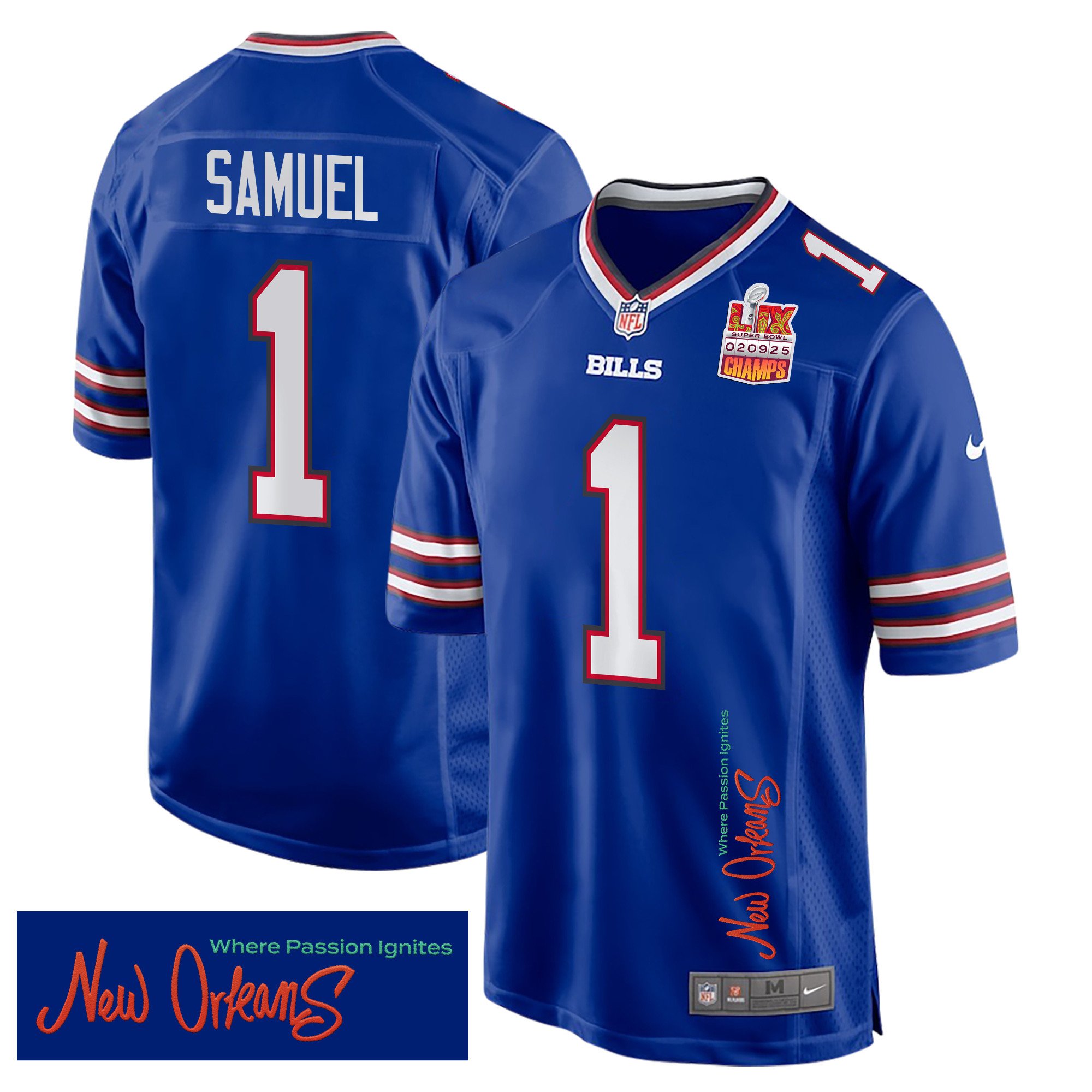 Curtis Samuel 1 Buffalo Bills Super Bowl LIX Champions Patch 'New Orleans - Where Passion Ignites' EMBROIDERED Game Men Jersey - Royal JS2586 nicesnker