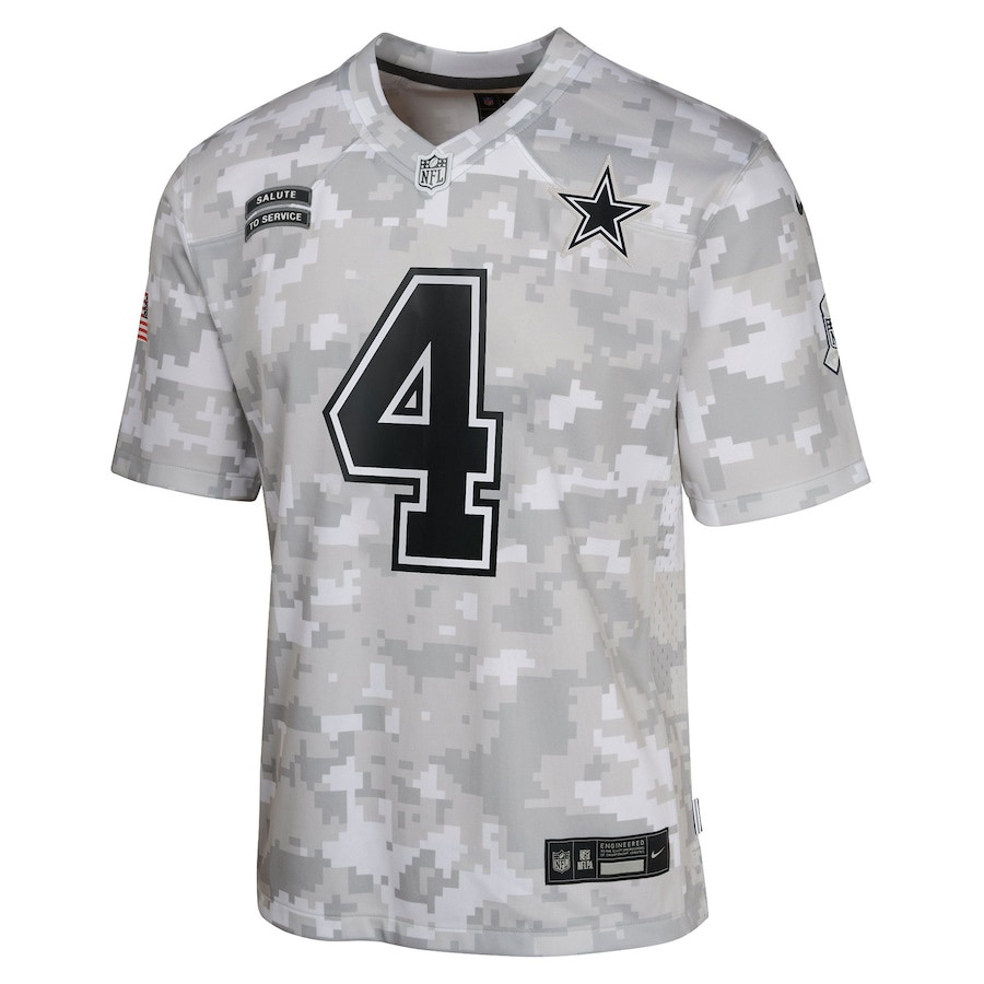 Alternative view of Dak Prescott 4 Dallas Cowboys 2024 Salute to Service Game YOUTH Jersey - Arctic Camo JS9792 nicesnker