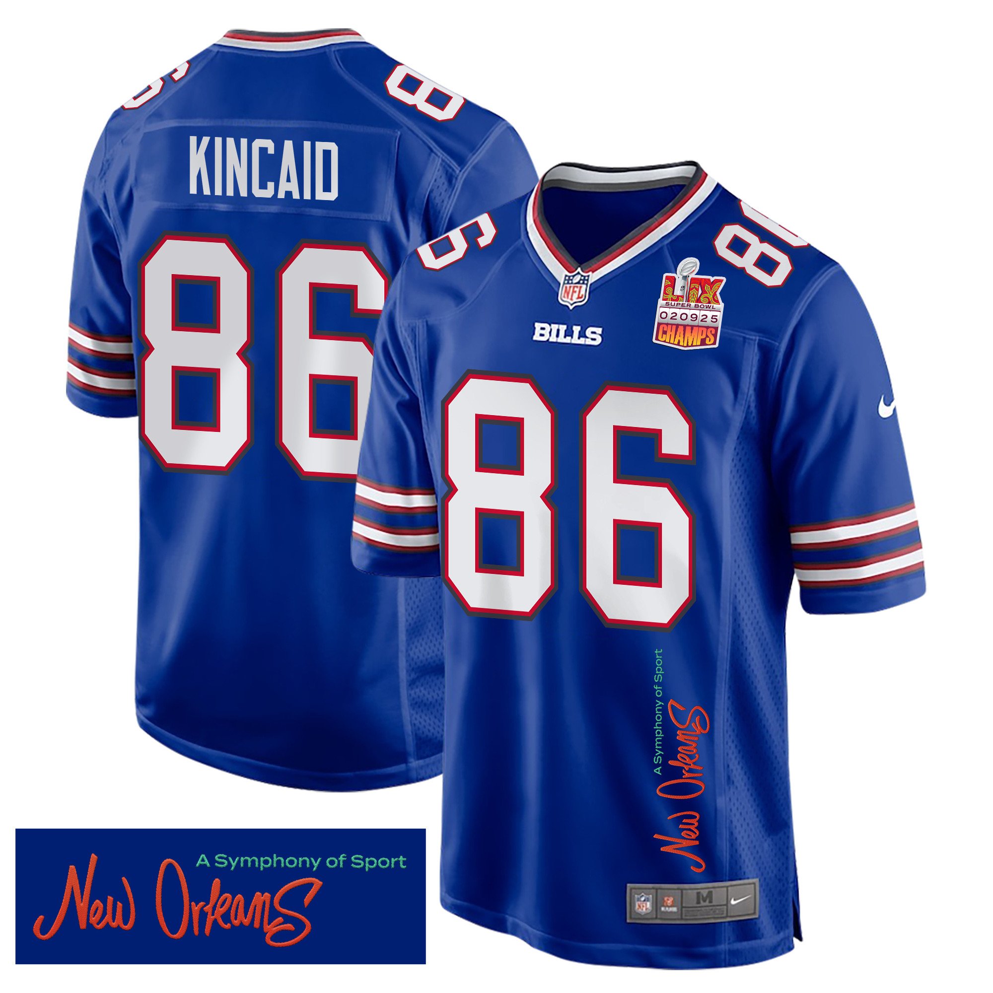 Dalton Kincaid 86 Buffalo Bills Super Bowl LIX Champions Patch 'New Orleans - A Symphony of Sport' EMBROIDERED Game Men Jersey - Royal JS3709 nicesnker