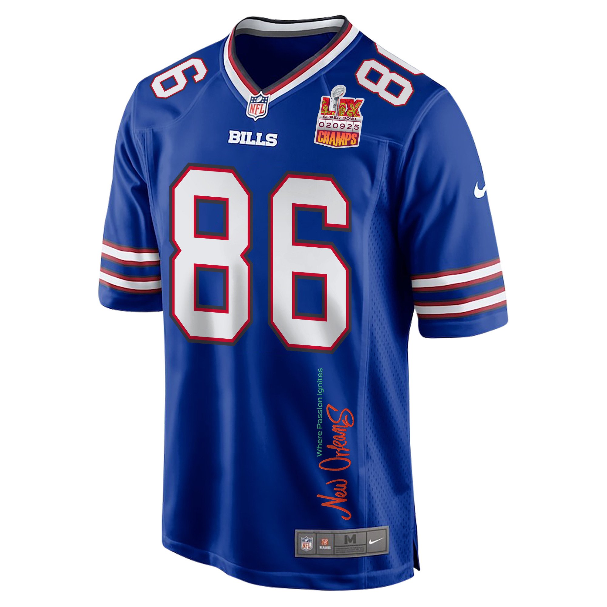 Dalton Kincaid 86 Buffalo Bills Super Bowl LIX Champions Patch 'New Orleans - Where Passion Ignites' EMBROIDERED Game Men Jersey - Royal JS9999 nicesnker - Image 3