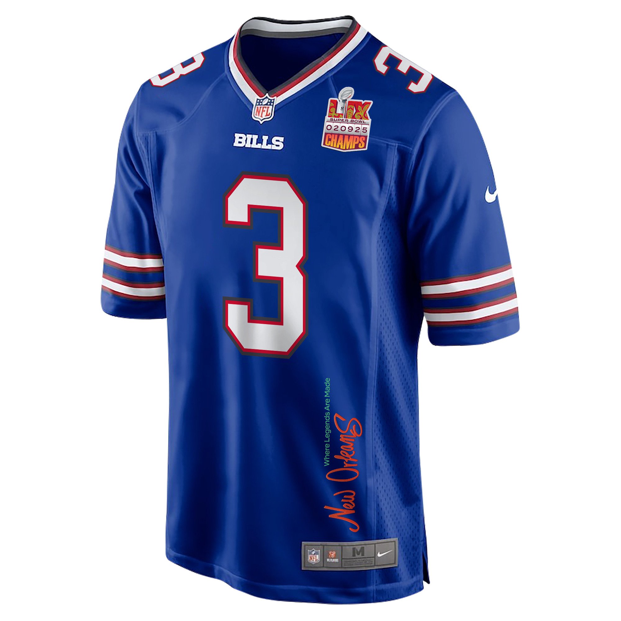 Damar Hamlin 3 Buffalo Bills Super Bowl LIX Champions Patch 'New Orleans - Where Legends Are Made' EMBROIDERED Game Men Jersey - Royal JS9296 nicesnker - Image 3