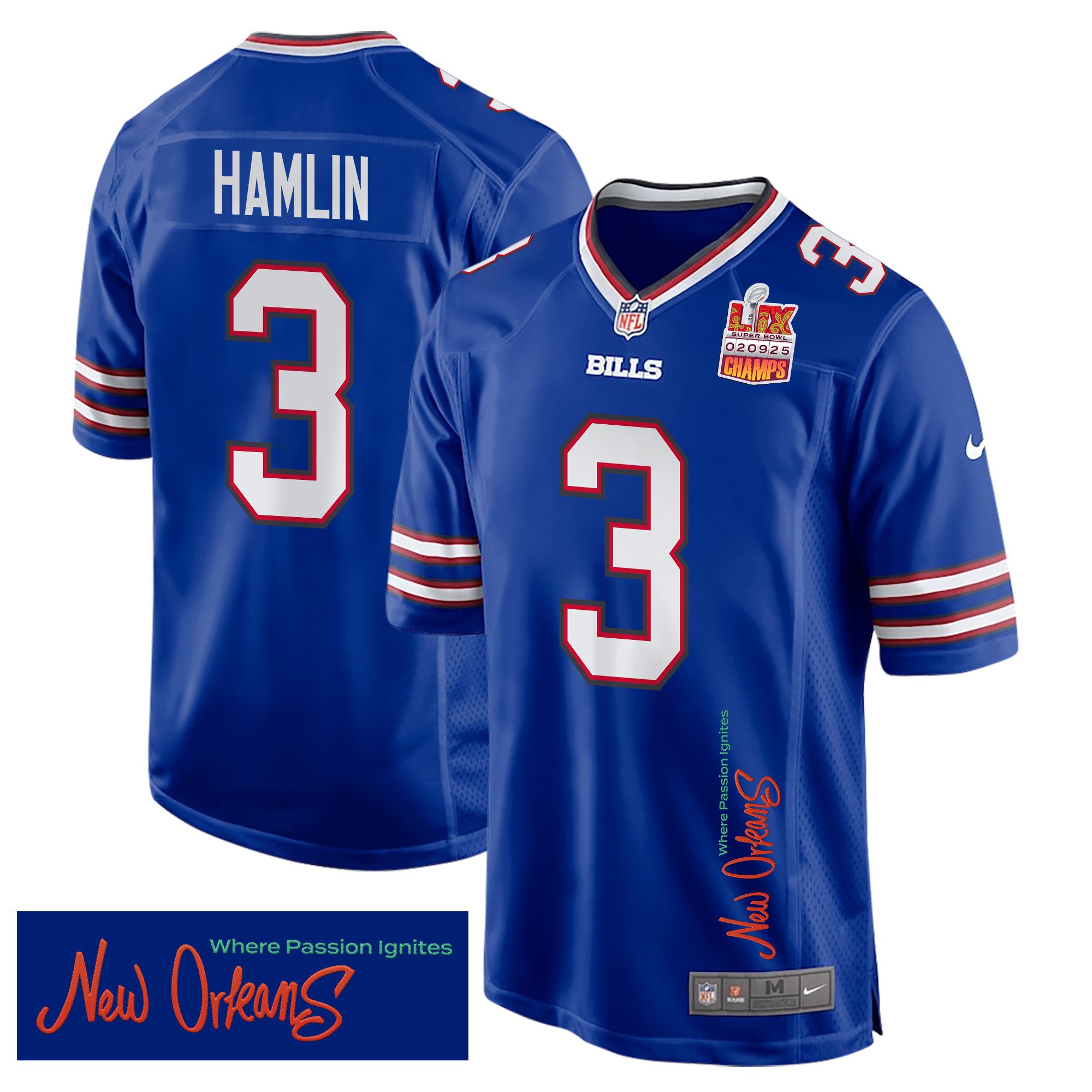 Damar Hamlin 3 Buffalo Bills Super Bowl LIX Champions Patch 'New Orleans - Where Passion Ignites' EMBROIDERED Game Men Jersey - Royal JS7237 nicesnker