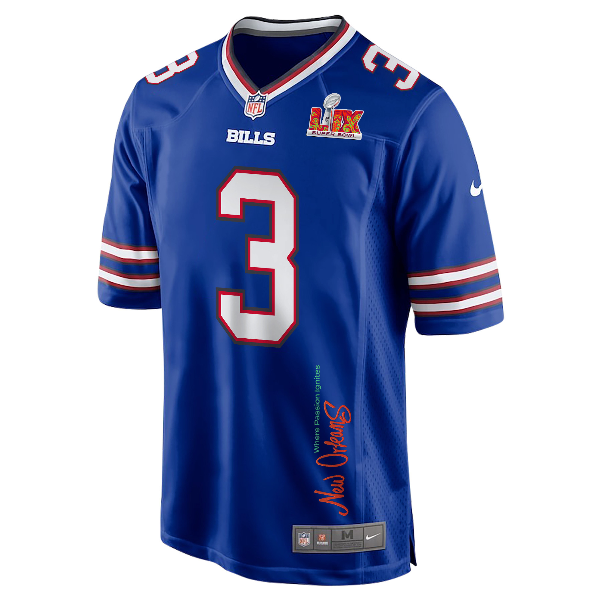 Damar Hamlin 3 Buffalo Bills Super Bowl LIX 'New Orleans - Where Passion Ignites' EMBROIDERED Game Men Jersey - Royal JS9223 nicesnker - Image 3