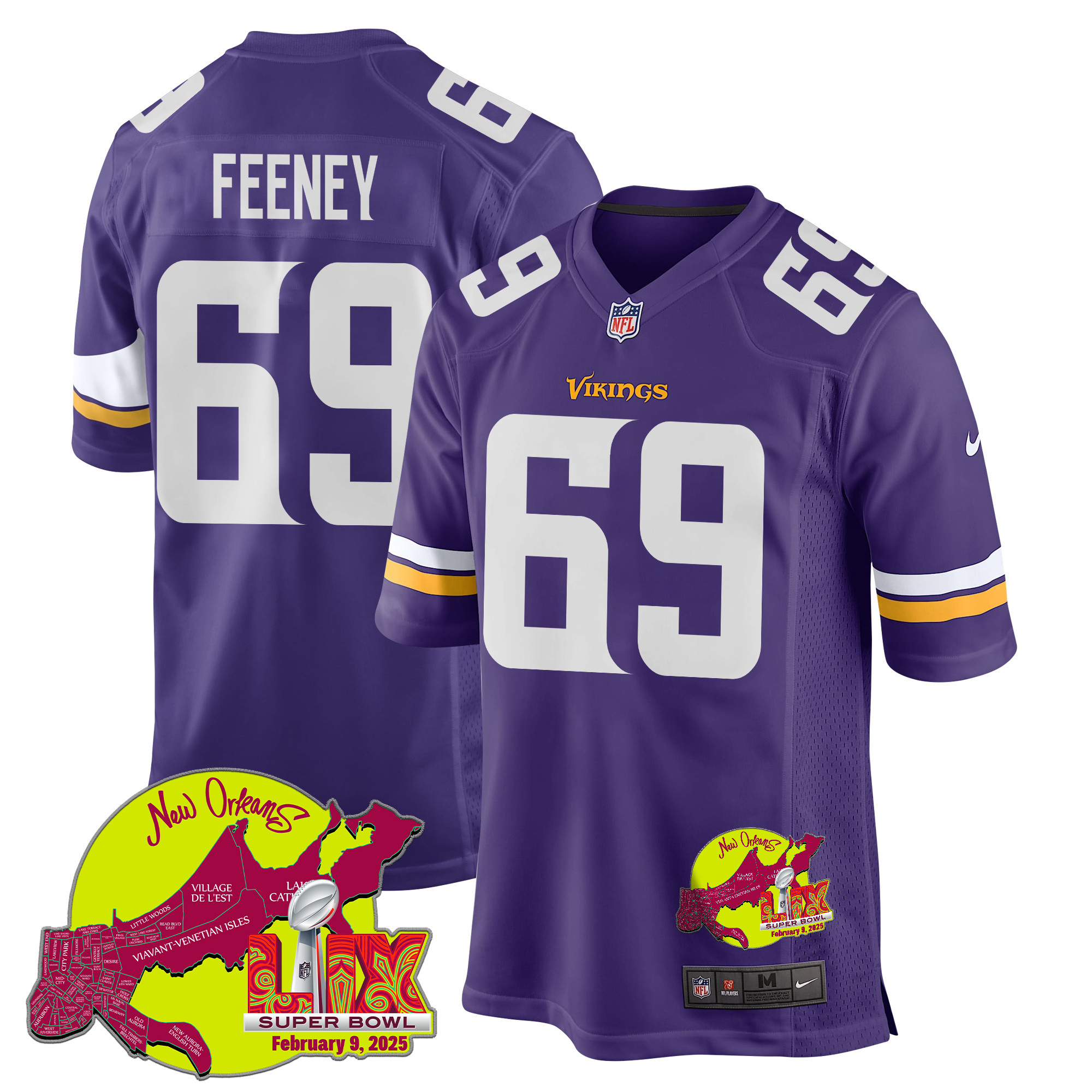 Dan Feeney 69 Minnesota Vikings Super Bowl LIX New Orleans Patch Game Men Jersey - Purple JS2004 nicesnker