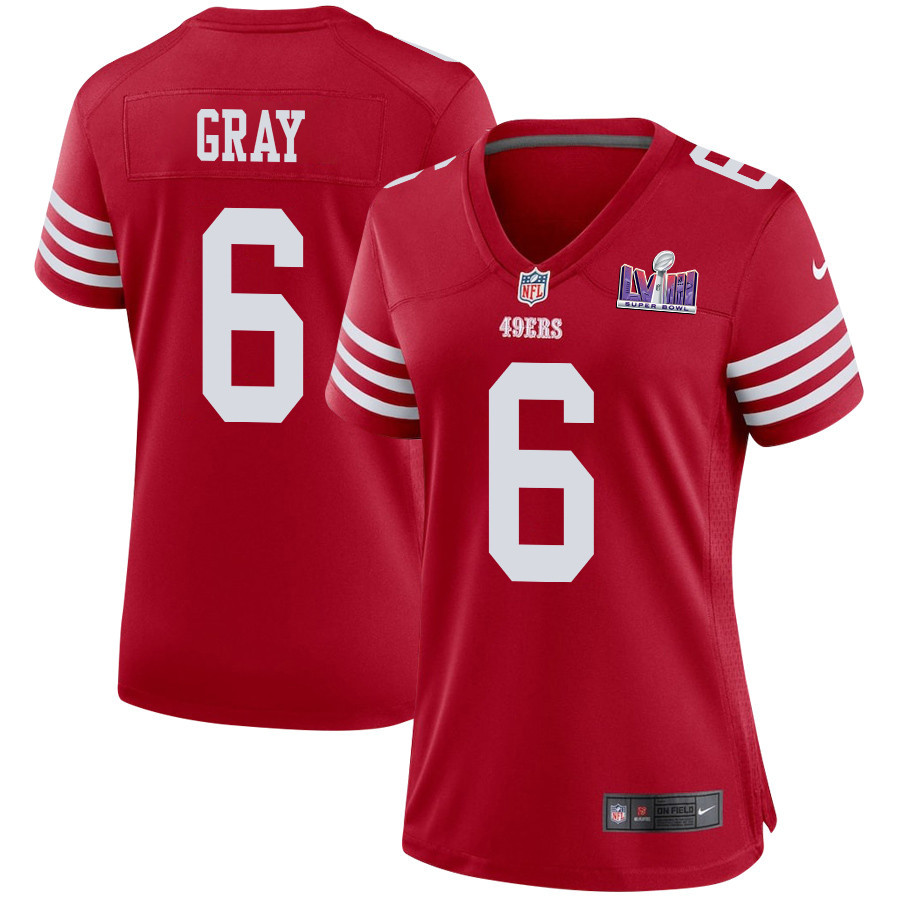 Danny Gray 6 San Francisco 49ers Super Bowl LVIII Patch Game Women Jersey - Scarlet JS3228 nicesnker