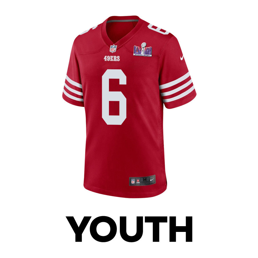 Alternative view of Danny Gray 6 San Francisco 49ers Super Bowl LVIII Patch Game YOUTH Jersey - Scarlet JS1966 nicesnker