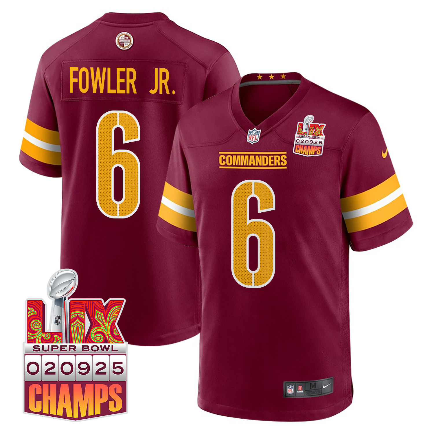Dante Fowler Jr. 6 Washington Commanders Super Bowl LIX Champions Patch Game Men Jersey - Burgundy JS2565 nicesnker