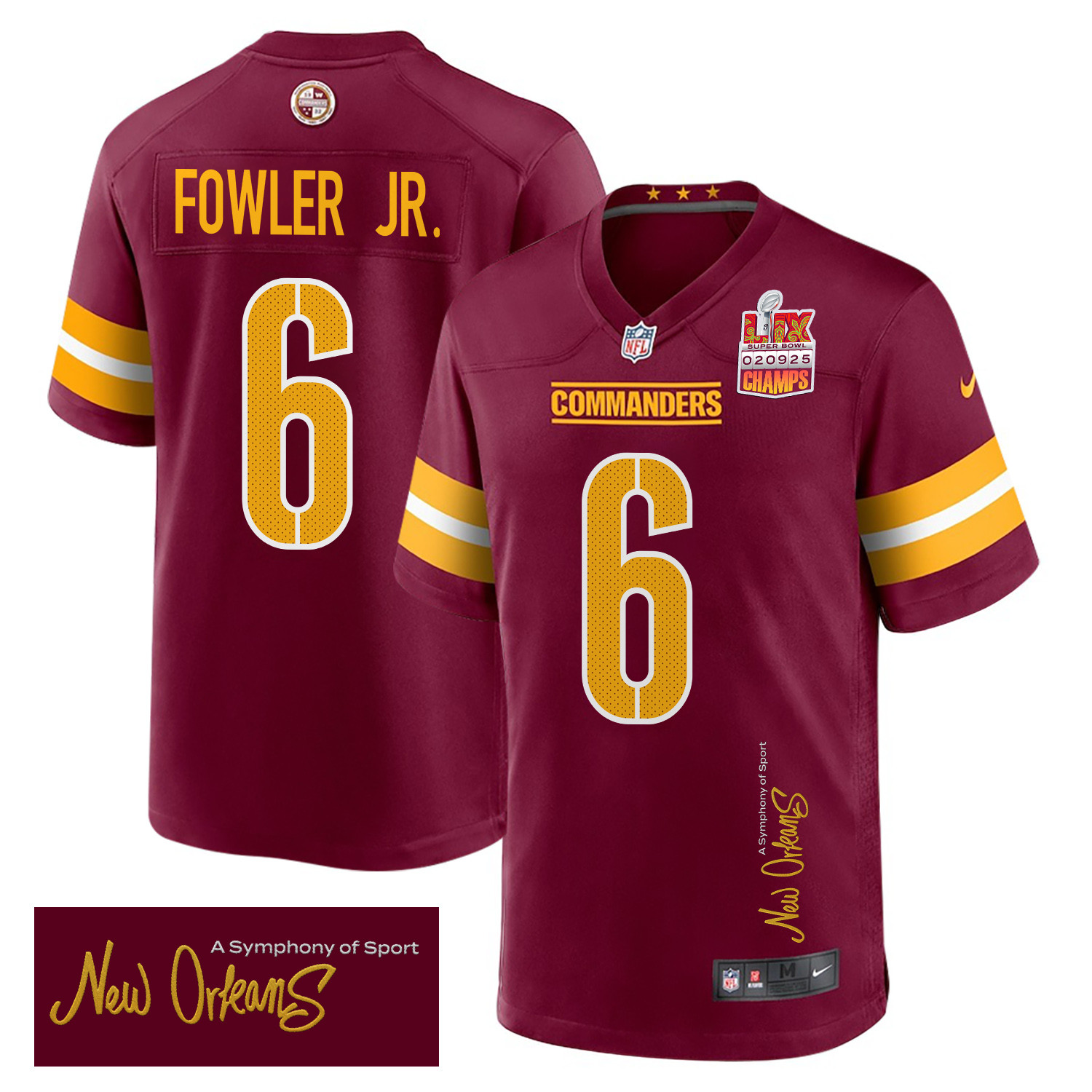 Dante Fowler Jr. 6 Washington Commanders Super Bowl LIX Champions Patch 'New Orleans - A Symphony of Sport' EMBROIDERED Game Men Jersey - Burgundy JS6850 nicesnker
