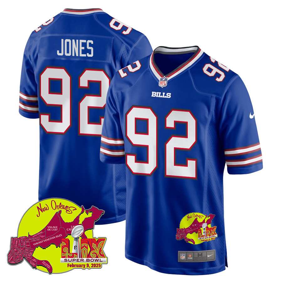 DaQuan Jones 92 Buffalo Bills Super Bowl LIX New Orleans Patch Game Men Jersey - Royal JS1791 nicesnker