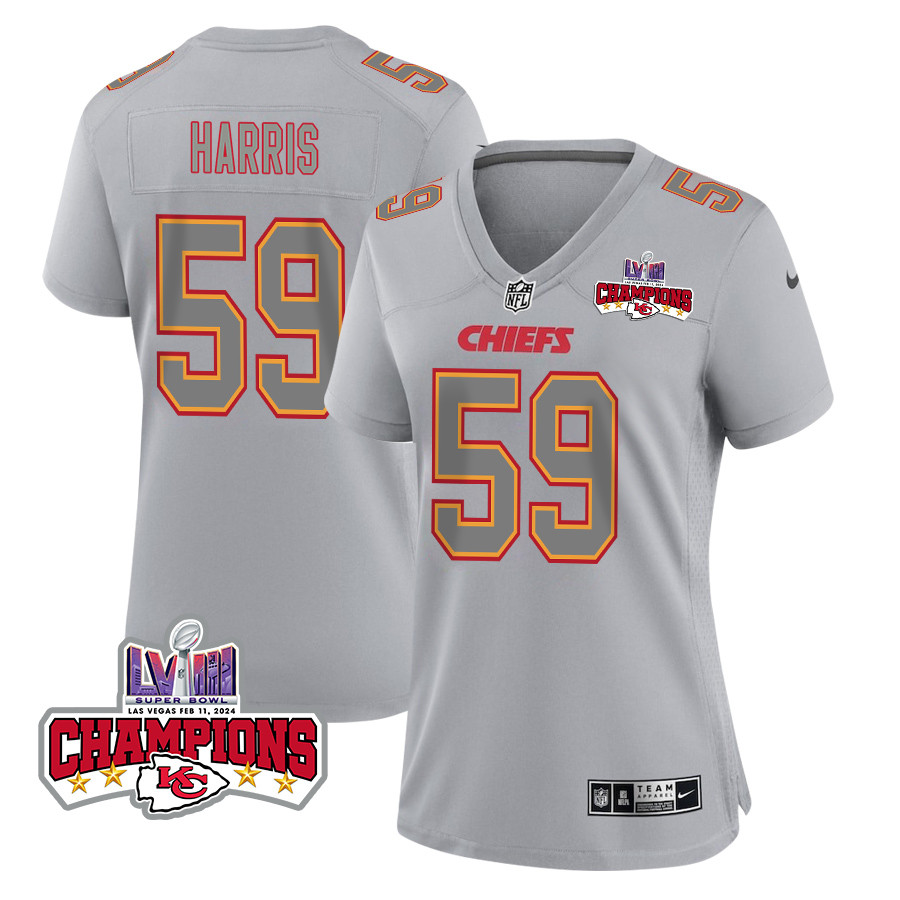 Darius Harris 59 Kansas City Chiefs Super Bowl LVIII Champions 4 Stars Patch Atmosphere Fashion Game Women Jersey - Gray JS3283 nicesnker