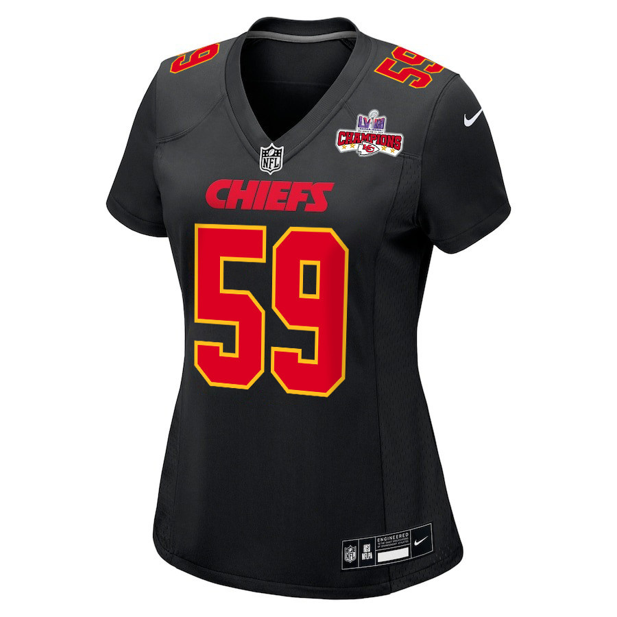 Alternative view of Darius Harris 59 Kansas City Chiefs Super Bowl LVIII Champions 4 Stars Patch Fashion Game Women Jersey - Carbon Black JS9577 nicesnker