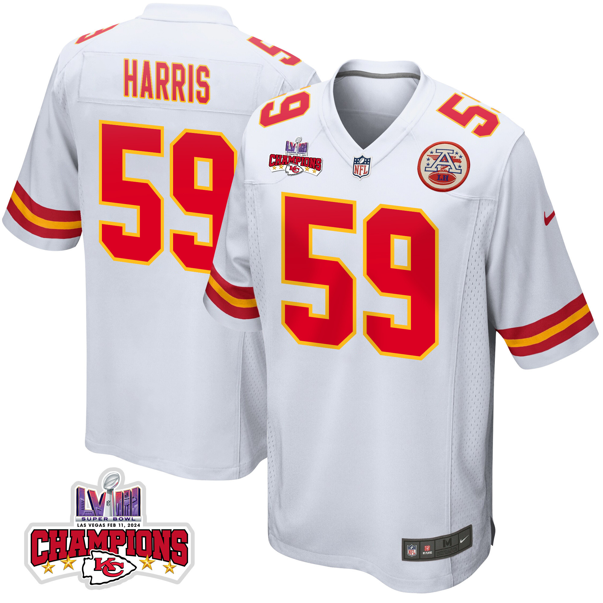 Darius Harris 59 Kansas City Chiefs Super Bowl LVIII Champions 4 Stars Patch Game Men Jersey - White JS6068 nicesnker
