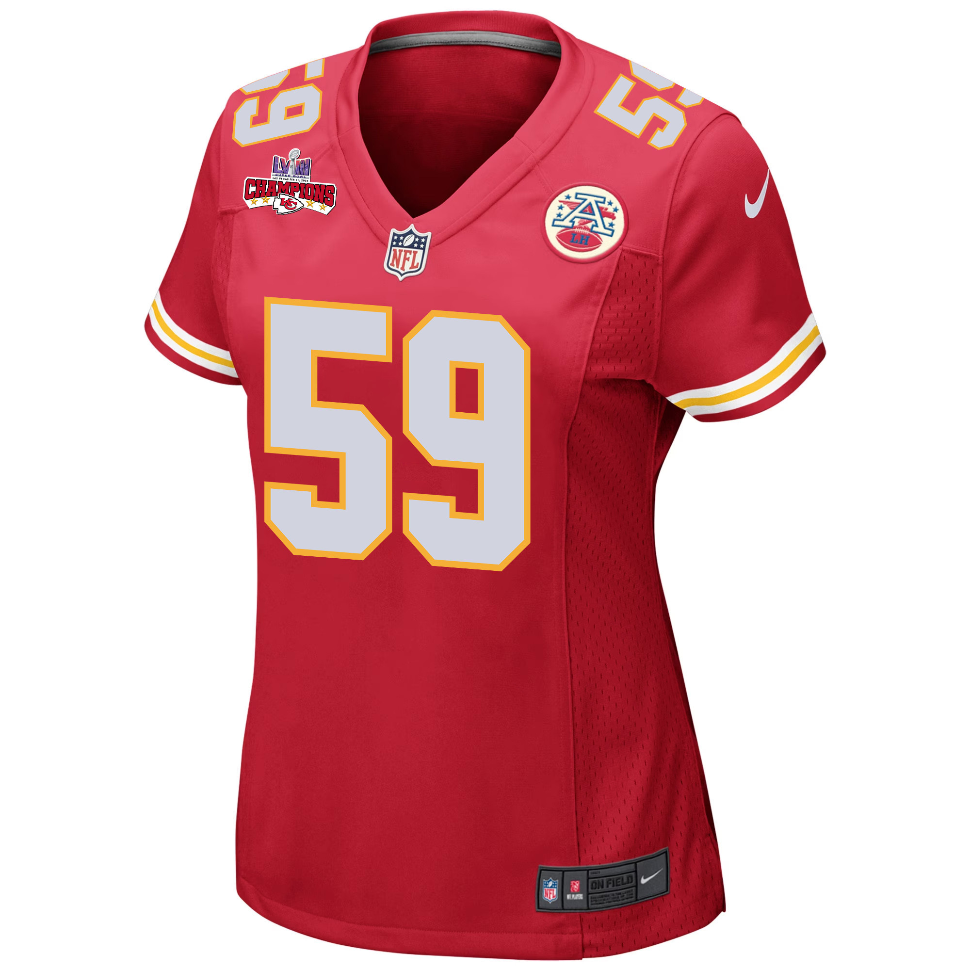 Alternative view of Darius Harris 59 Kansas City Chiefs Super Bowl LVIII Champions 4 Stars Patch Game Women Jersey - Red JS2585 nicesnker