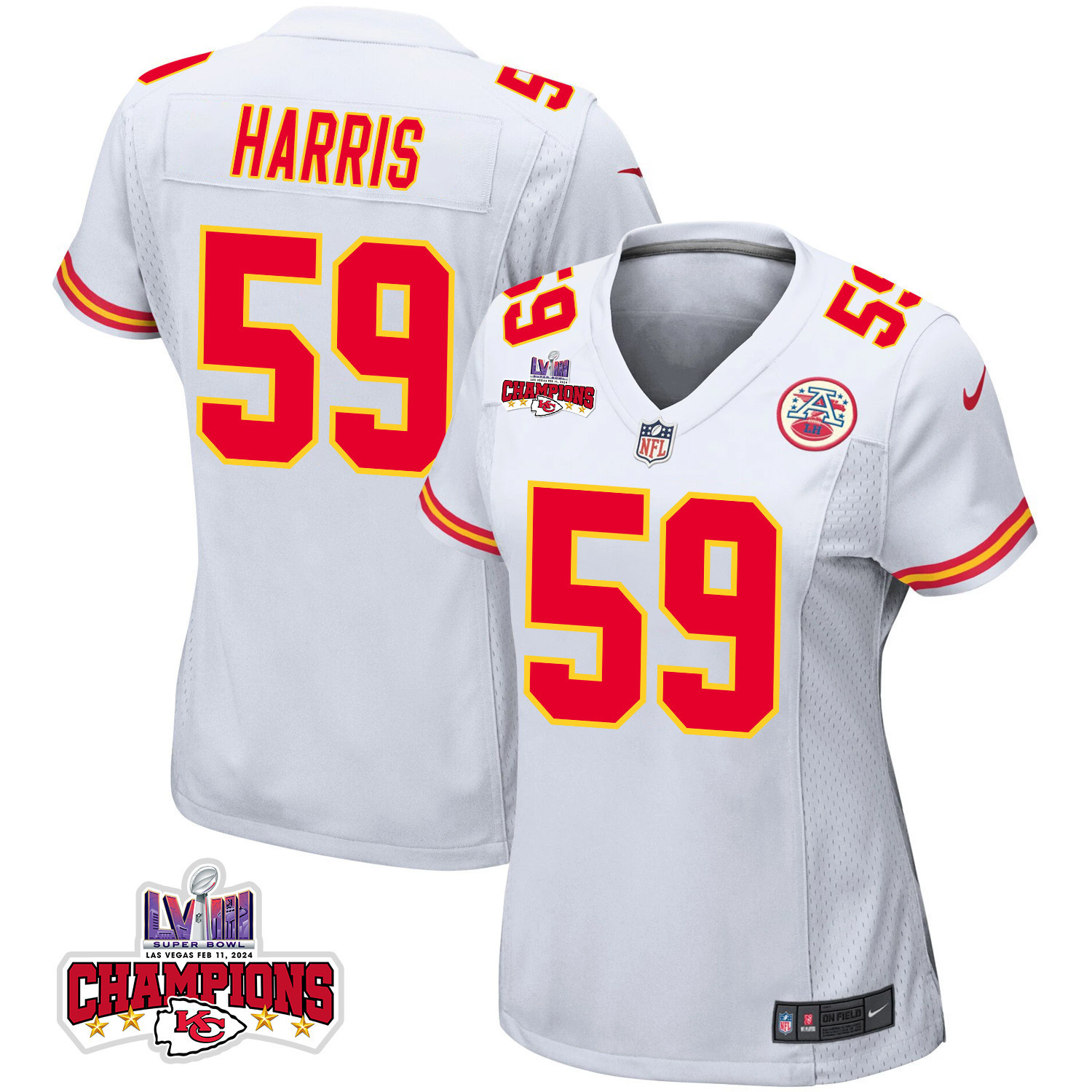 Darius Harris 59 Kansas City Chiefs Super Bowl LVIII Champions 4 Stars Patch Game Women Jersey - White JS5765 nicesnker