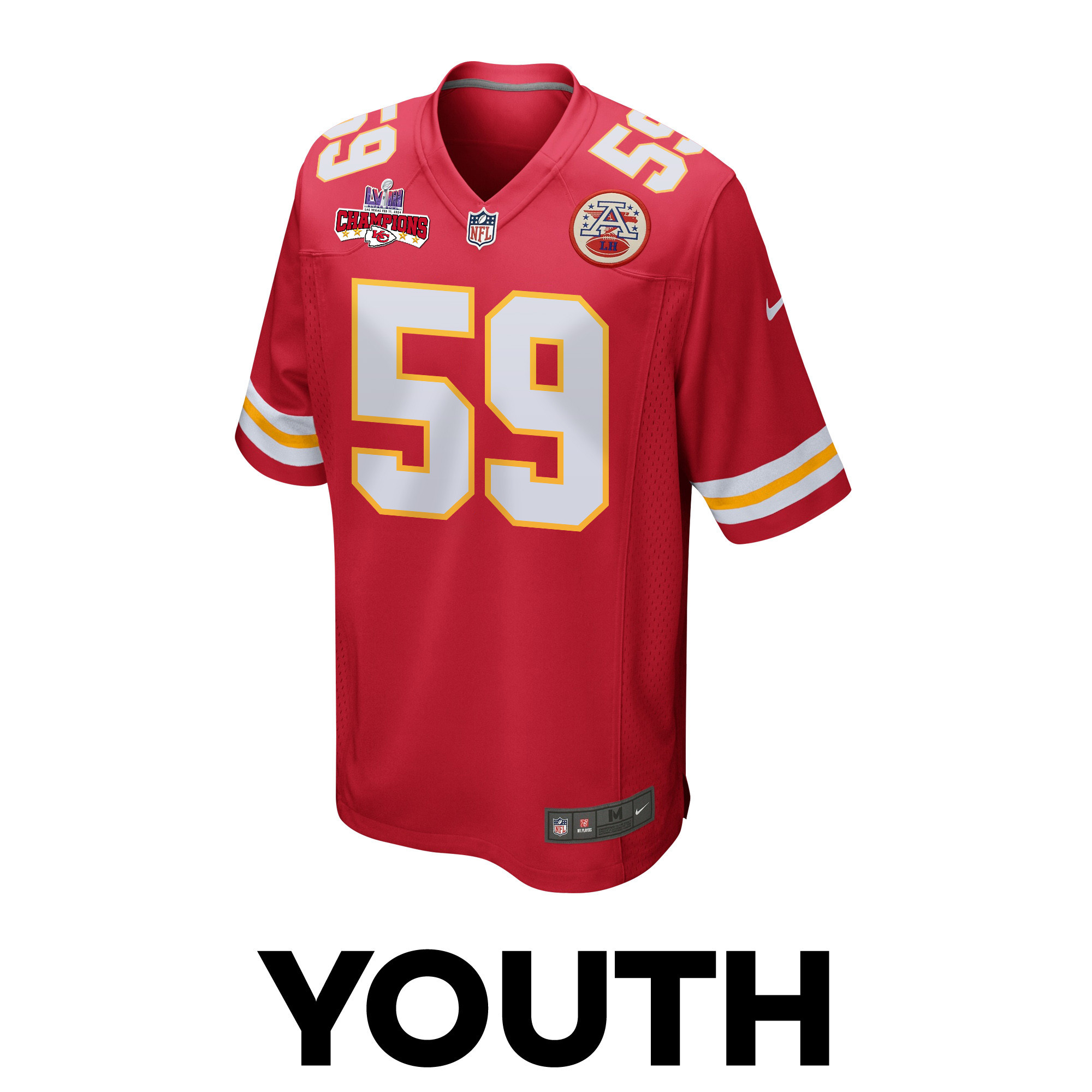 Alternative view of Darius Harris 59 Kansas City Chiefs Super Bowl LVIII Champions 4 Stars Patch Game YOUTH Jersey - Red JS6384 nicesnker