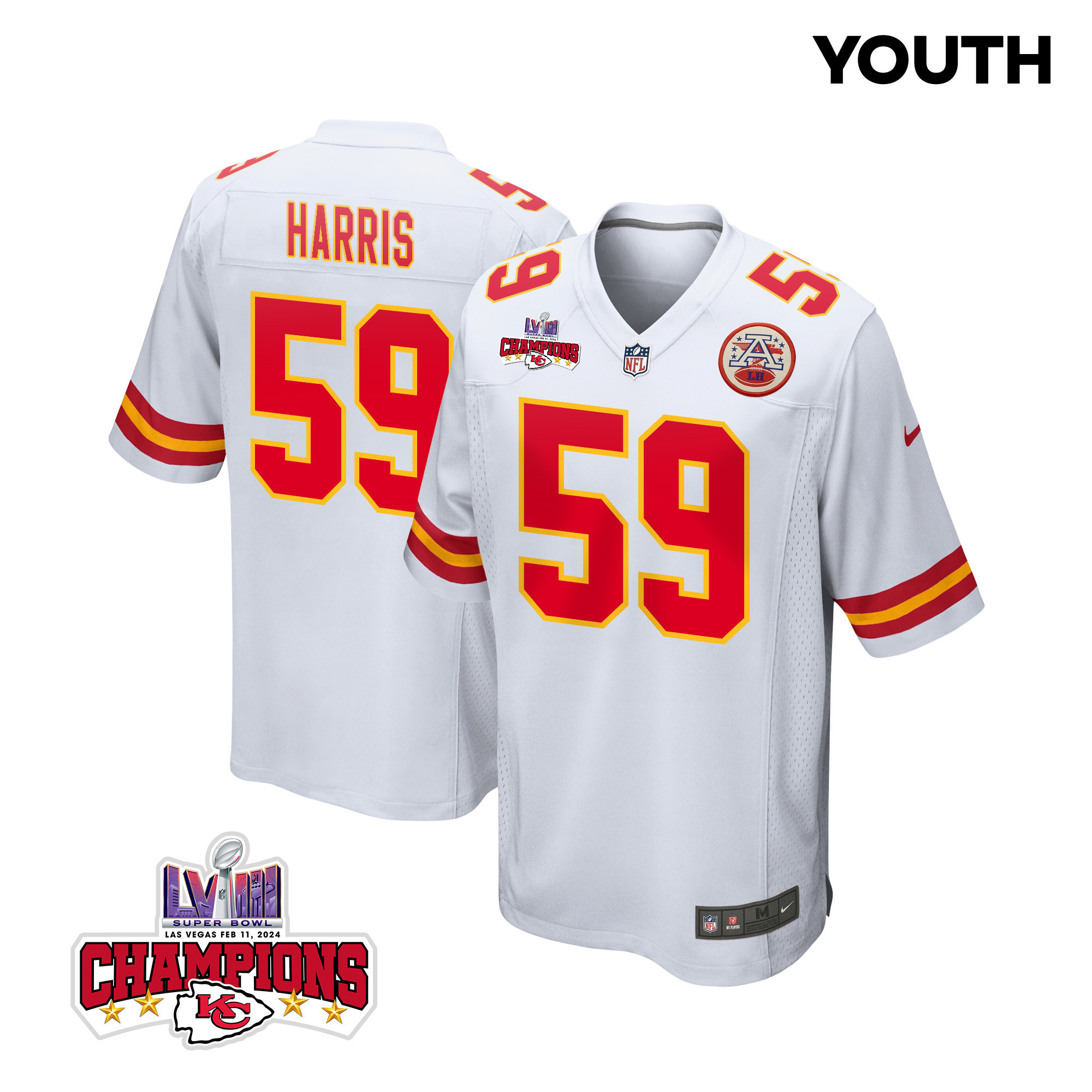 Darius Harris 59 Kansas City Chiefs Super Bowl LVIII Champions 4 Stars Patch Game YOUTH Jersey - White JS7599 nicesnker