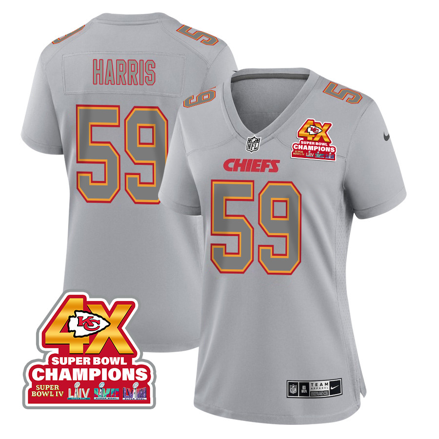 Darius Harris 59 Kansas City Chiefs Super Bowl LVIII Champions 4X Atmosphere Fashion Game Women Jersey - Gray JS3568 nicesnker