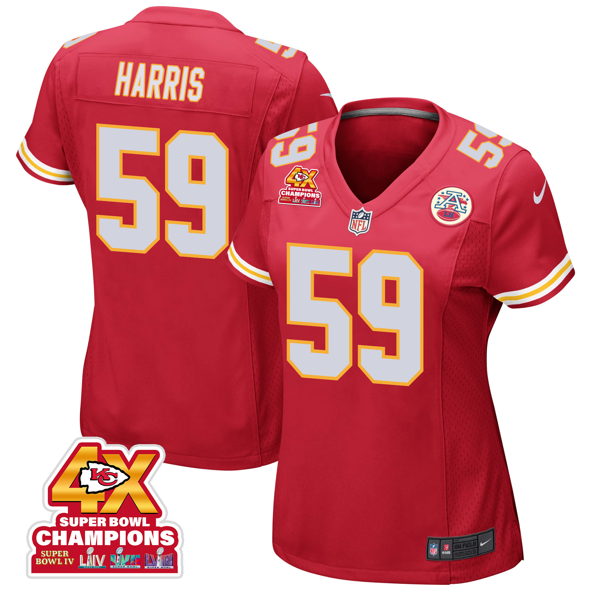 Darius Harris 59 Kansas City Chiefs Super Bowl LVIII Champions 4X Game Women Jersey - Red JS8307 nicesnker