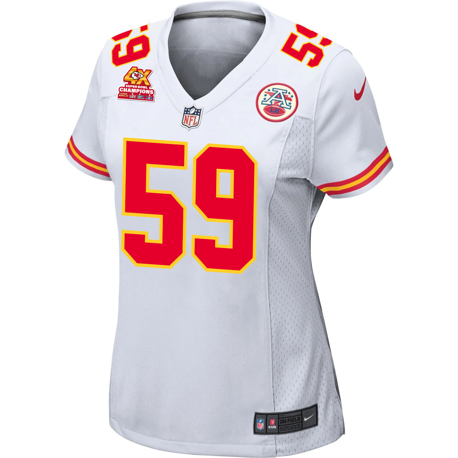 Alternative view of Darius Harris 59 Kansas City Chiefs Super Bowl LVIII Champions 4X Game Women Jersey - White JS8038 nicesnker