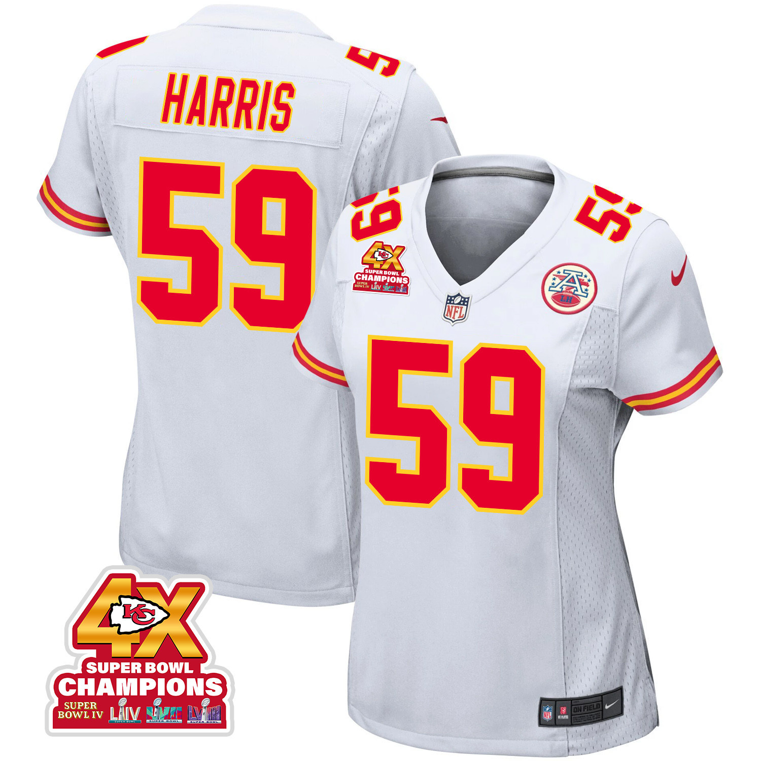 Darius Harris 59 Kansas City Chiefs Super Bowl LVIII Champions 4X Game Women Jersey - White JS8038 nicesnker