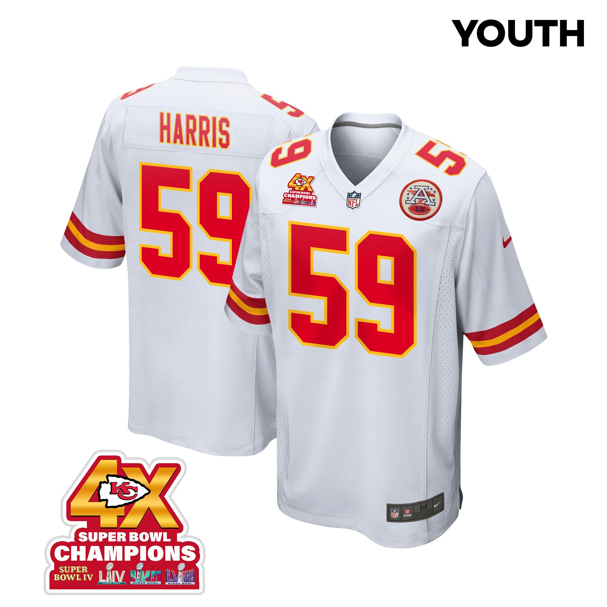 Darius Harris 59 Kansas City Chiefs Super Bowl LVIII Champions 4X Game YOUTH Jersey - White JS1326 nicesnker