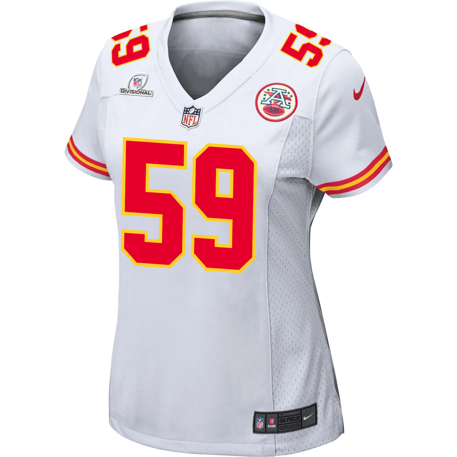 Alternative view of Darius Harris 59 Kansas City Chiefs Super Bowl LVIII Patch Game Women Jersey - White JS3030 nicesnker