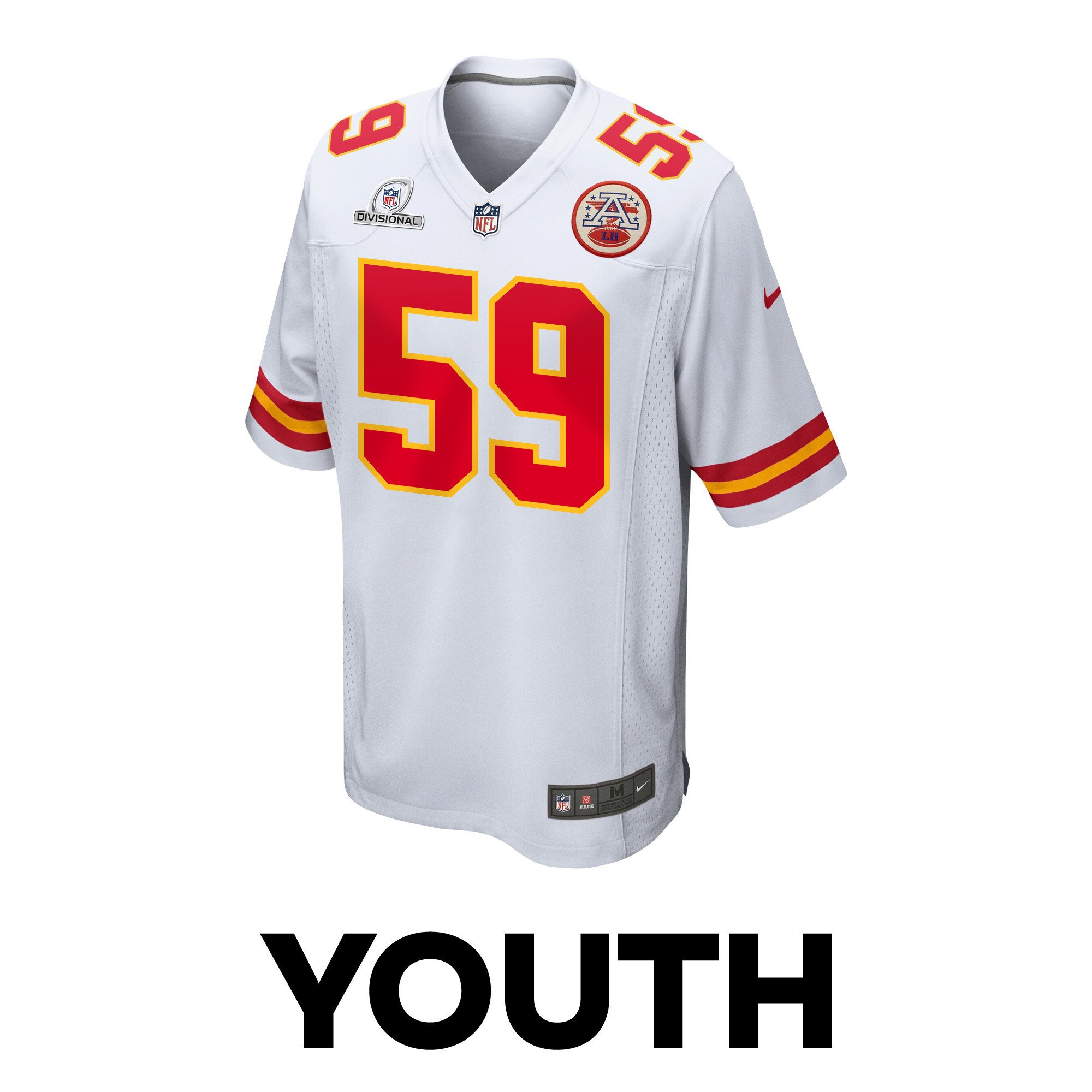Alternative view of Darius Harris 59 Kansas City Chiefs Super Bowl LVIII Patch Game YOUTH Jersey - White JS5998 nicesnker