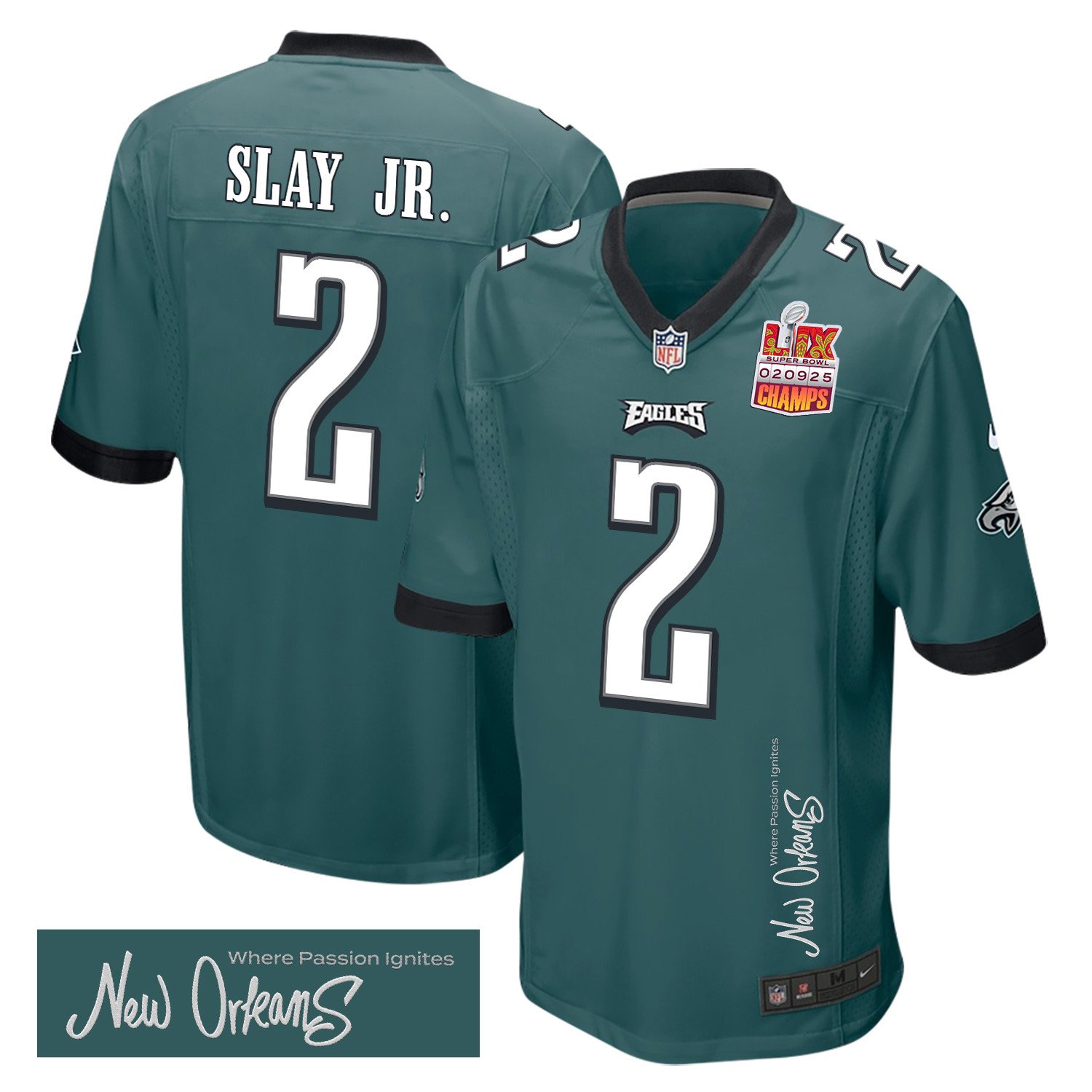 Darius Slay Jr. 2 Philadelphia Eagles Super Bowl LIX Champions Patch 'New Orleans - Where Passion Ignites' EMBROIDERED Game Men Jersey - Midnight Green JS5873 nicesnker