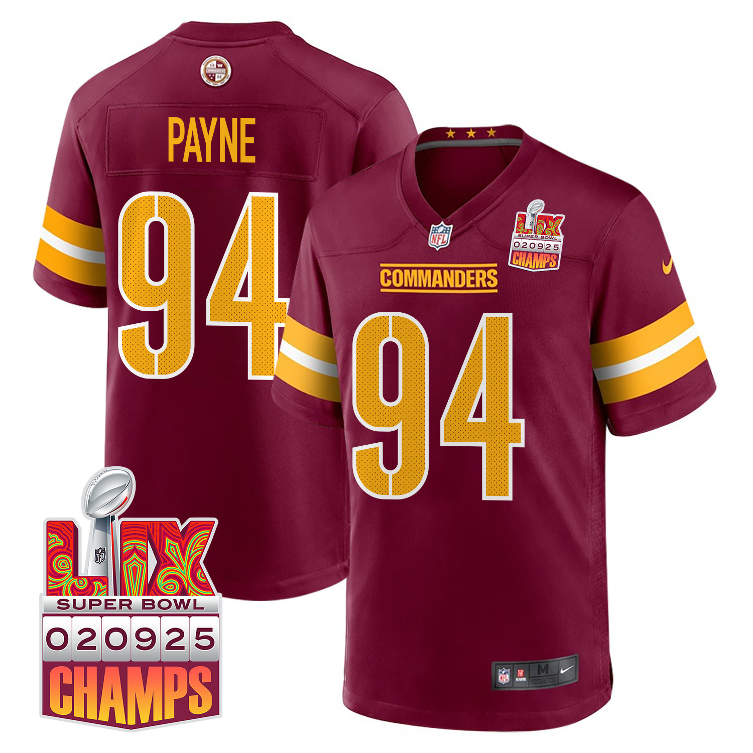 Daron Payne 94 Washington Commanders Super Bowl LIX Champions Patch Game Men Jersey - Burgundy JS5786 nicesnker