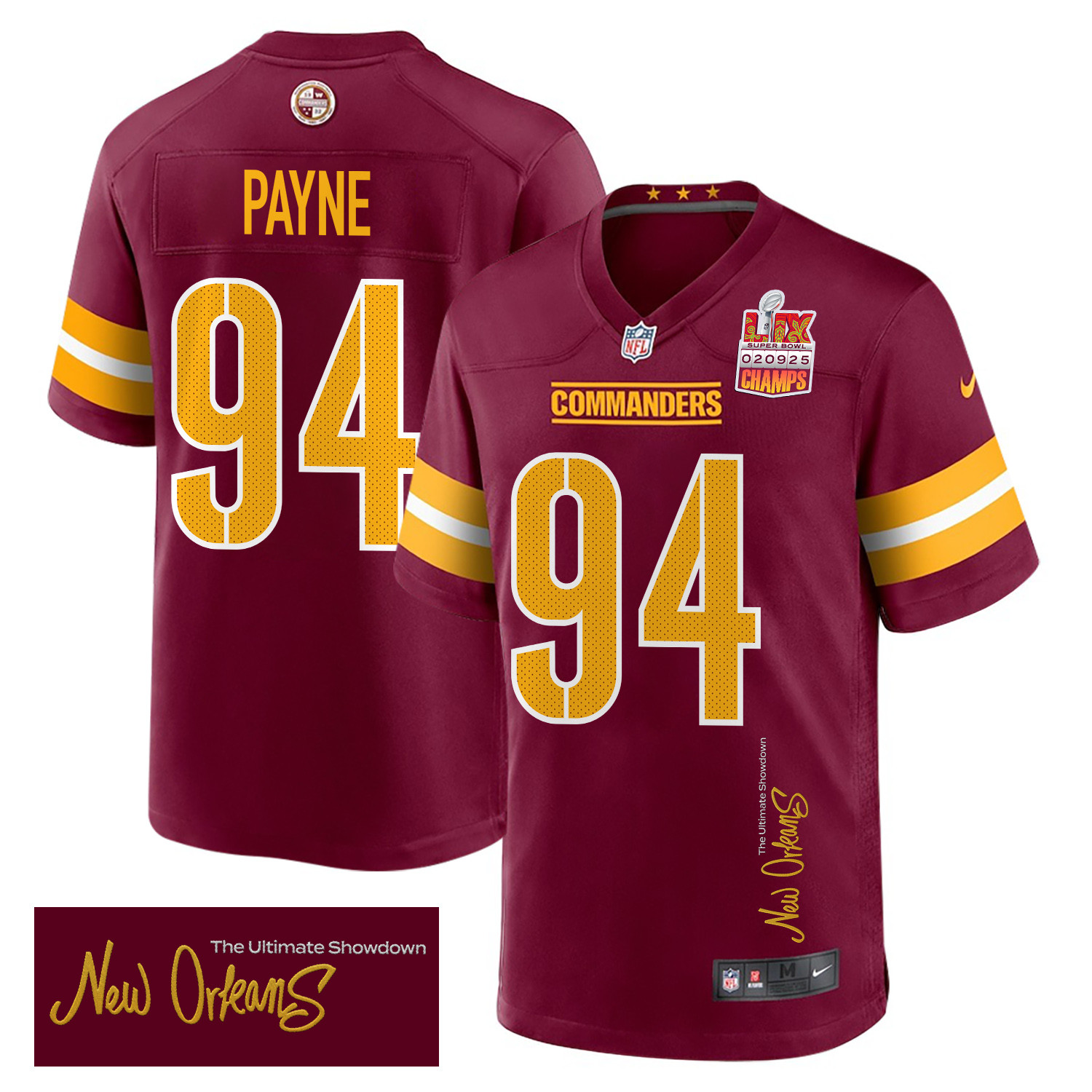 Daron Payne 94 Washington Commanders Super Bowl LIX Champions Patch 'New Orleans - The Ultimate Showdown' EMBROIDERED Game Men Jersey - Burgundy JS7026 nicesnker