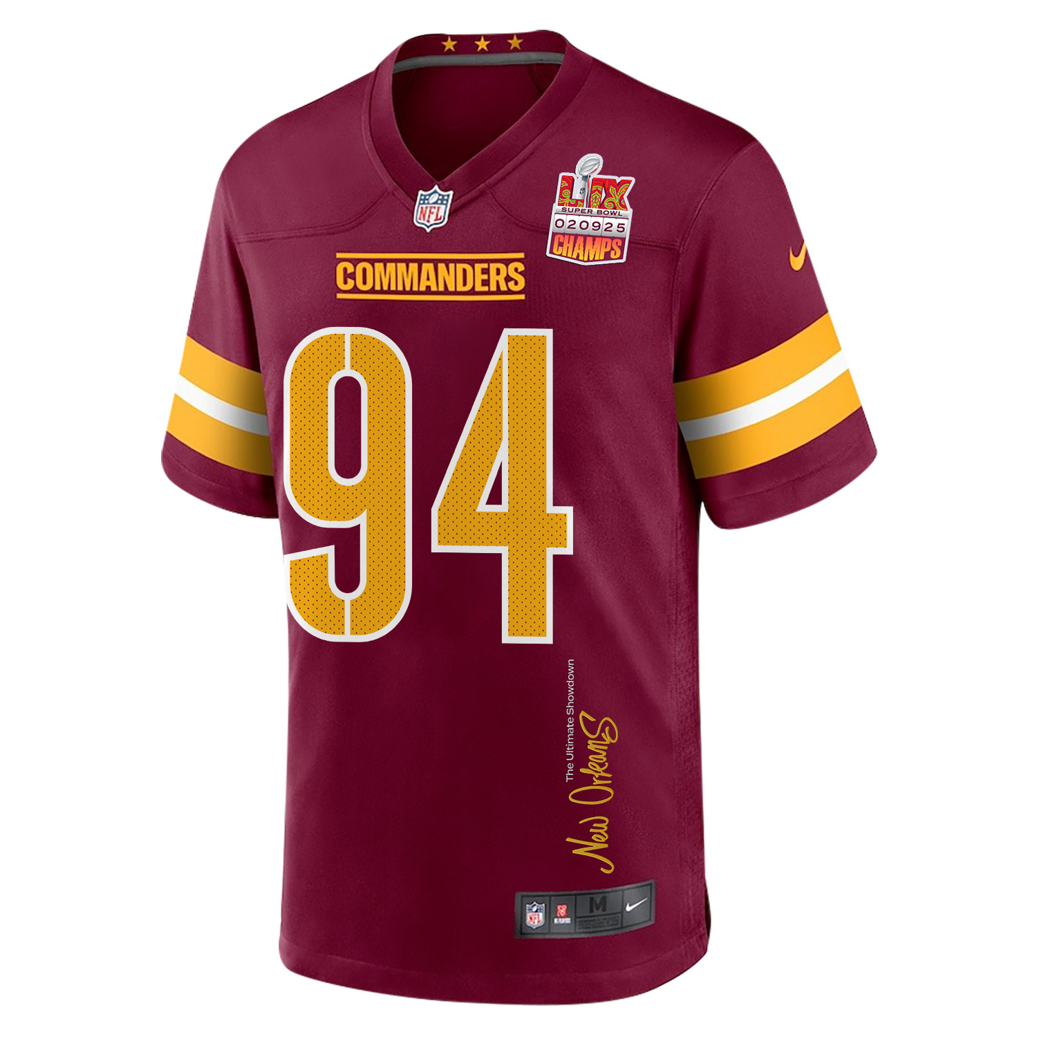 Daron Payne 94 Washington Commanders Super Bowl LIX Champions Patch 'New Orleans - The Ultimate Showdown' EMBROIDERED Game Men Jersey - Burgundy JS7026 nicesnker - Image 3