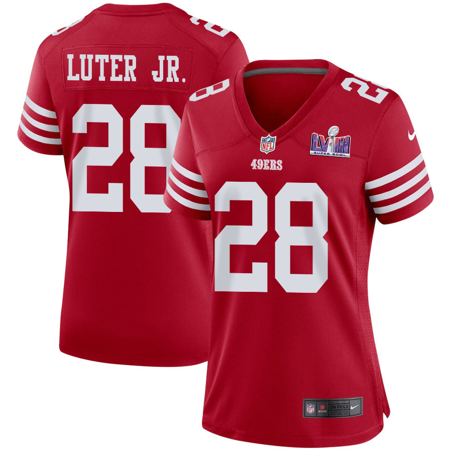 Darrell Luter Jr. 28 San Francisco 49ers Super Bowl LVIII Patch Game Women Jersey - Scarlet JS9958 nicesnker