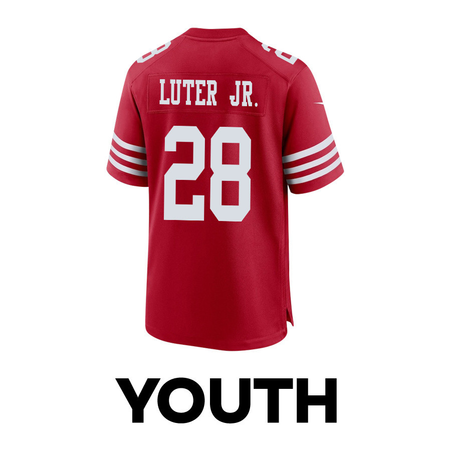Darrell Luter Jr. 28 San Francisco 49ers Super Bowl LVIII Patch Game YOUTH Jersey - Scarlet JS9677 nicesnker - Image 3